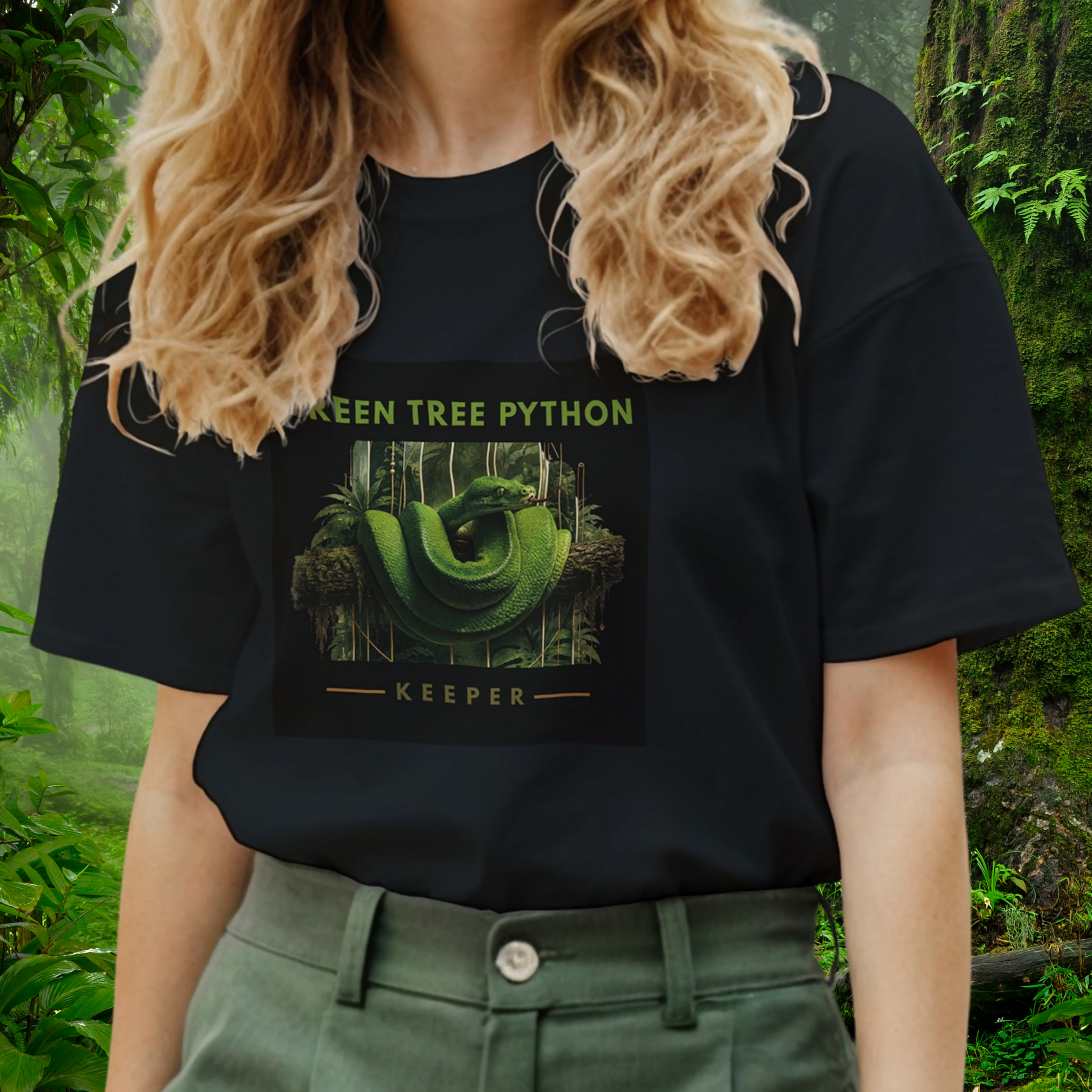 Woman wearing a black Green Tree Python shirt from the Keeper Collection