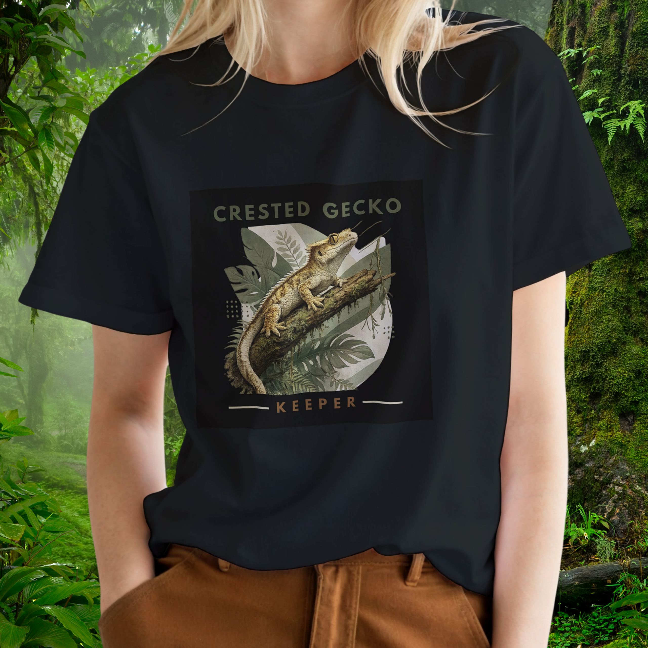 Woman wearing a black Crested Gecko shirt from the Keeper Collection