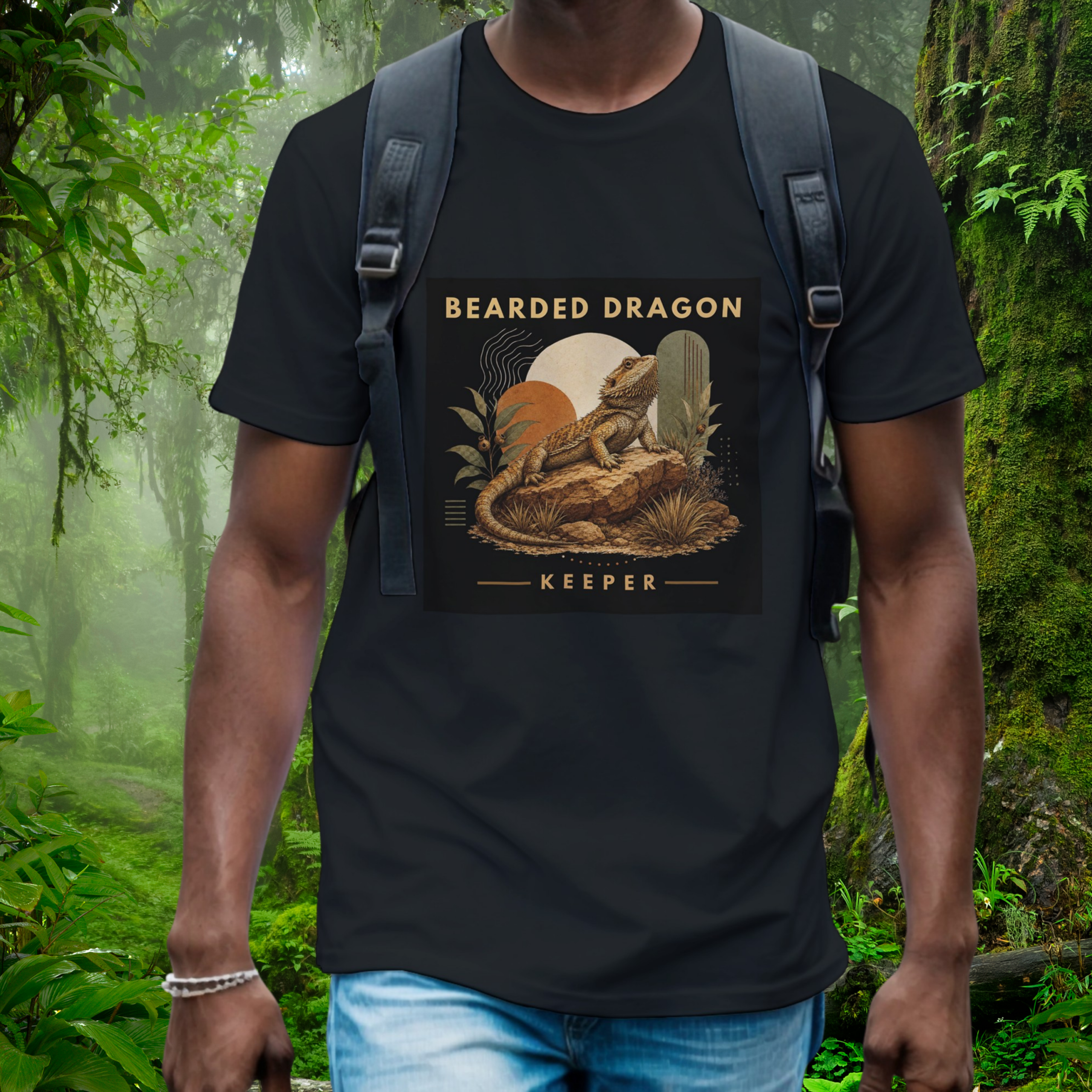 Man wearing a black Bearded Dragon shirt from the Keeper Collection