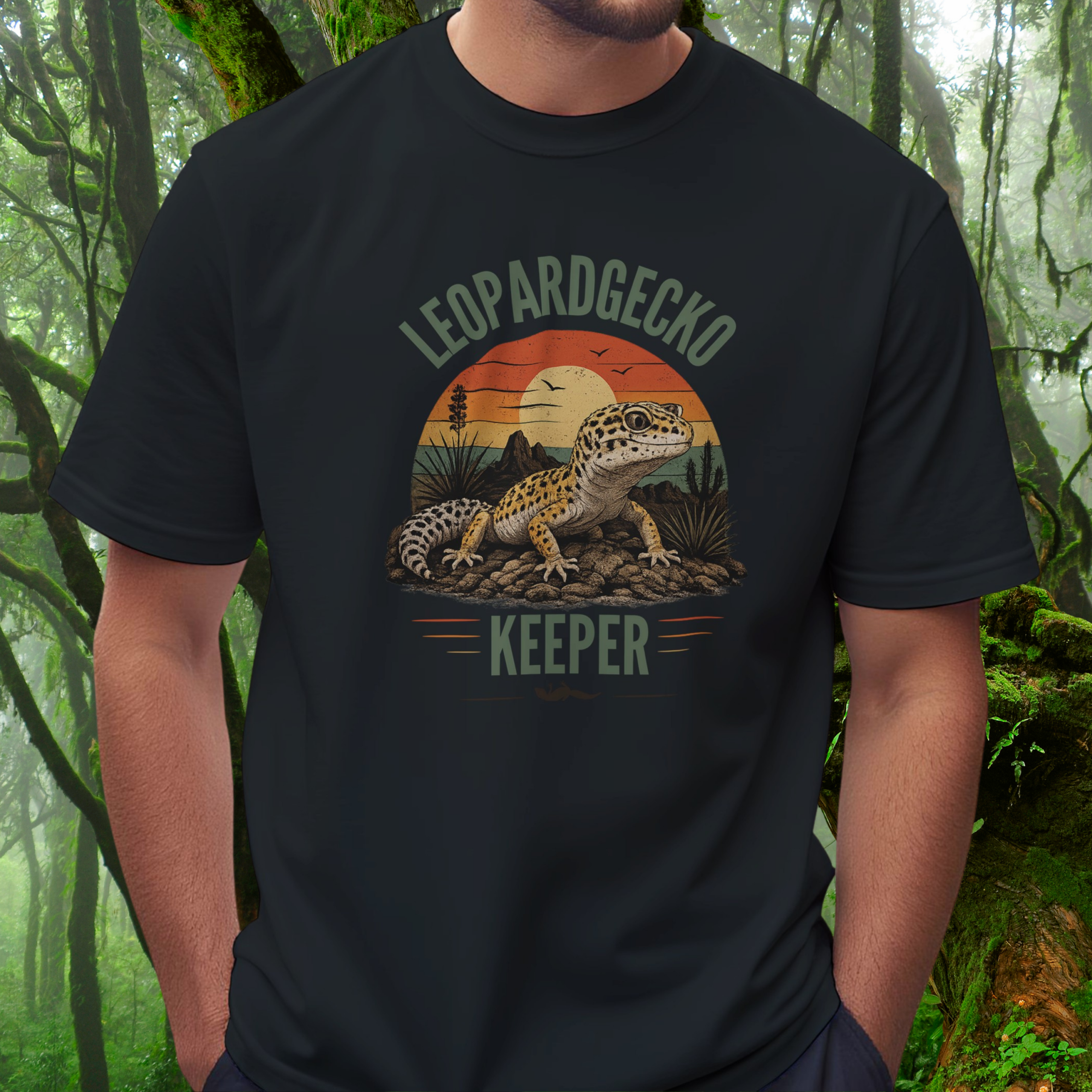Man wearing a black Leopard Gecko Keeper shirt