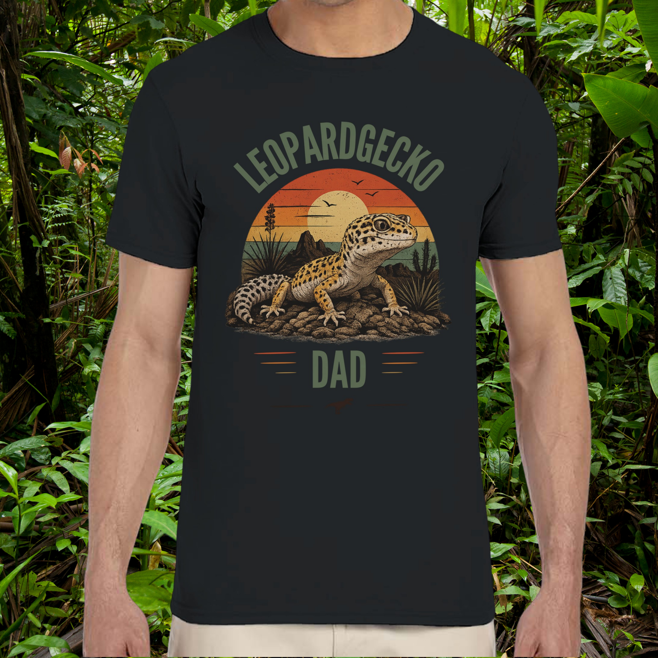 Man wearing a black Leopard Gecko Dad shirt