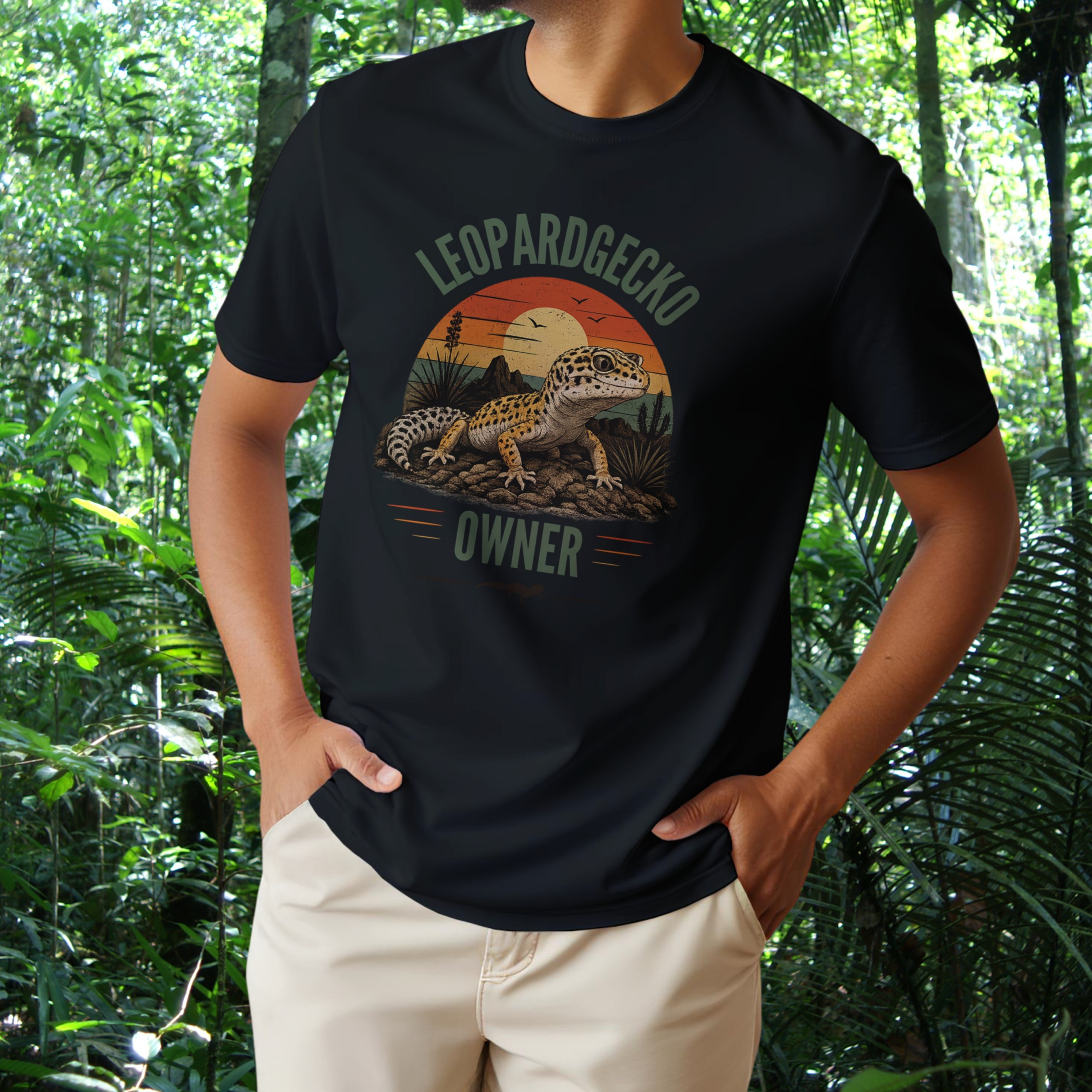 Man wearing a black Leopard Gecko Owner shirt