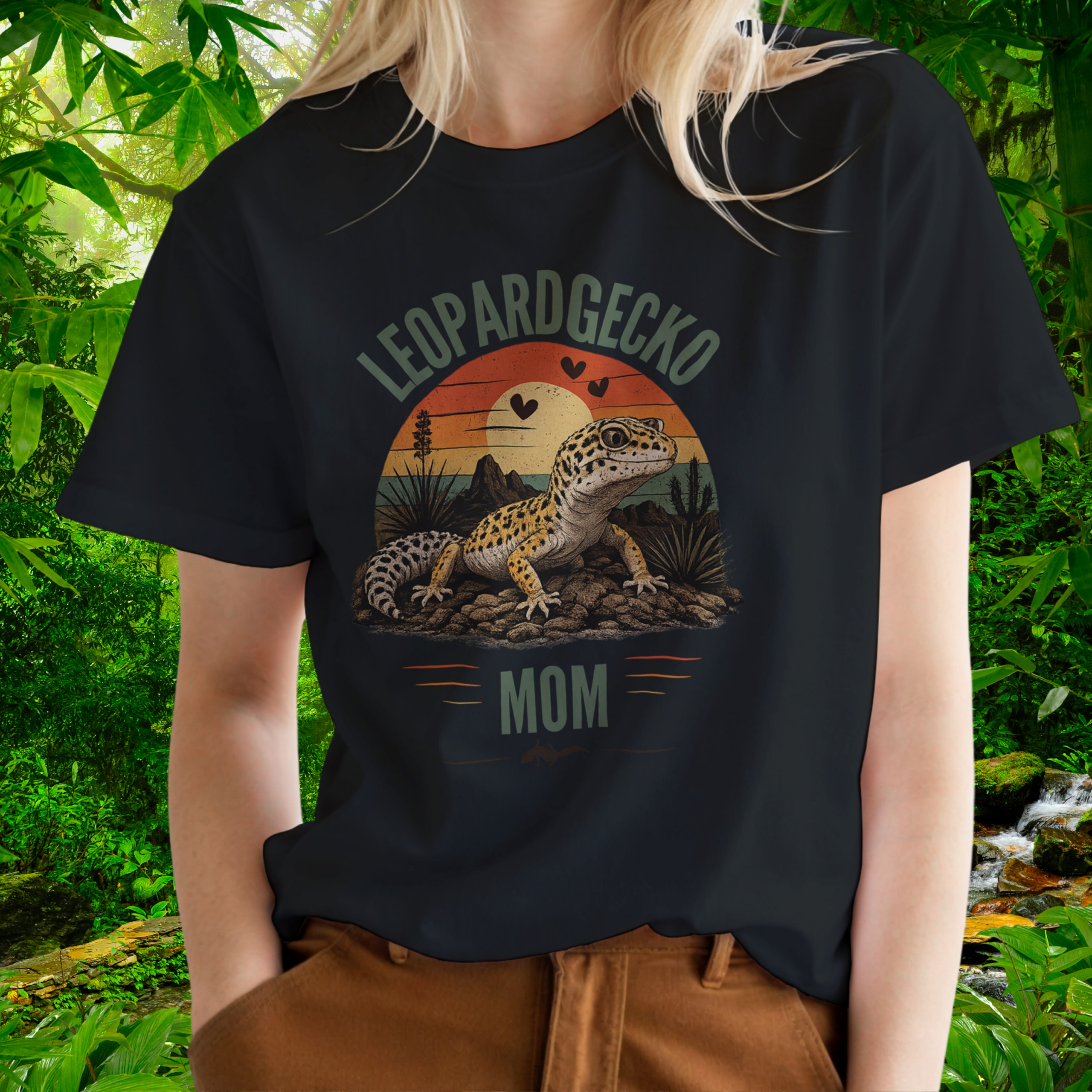 Woman wearing a black Leopard Gecko Mom shirt
