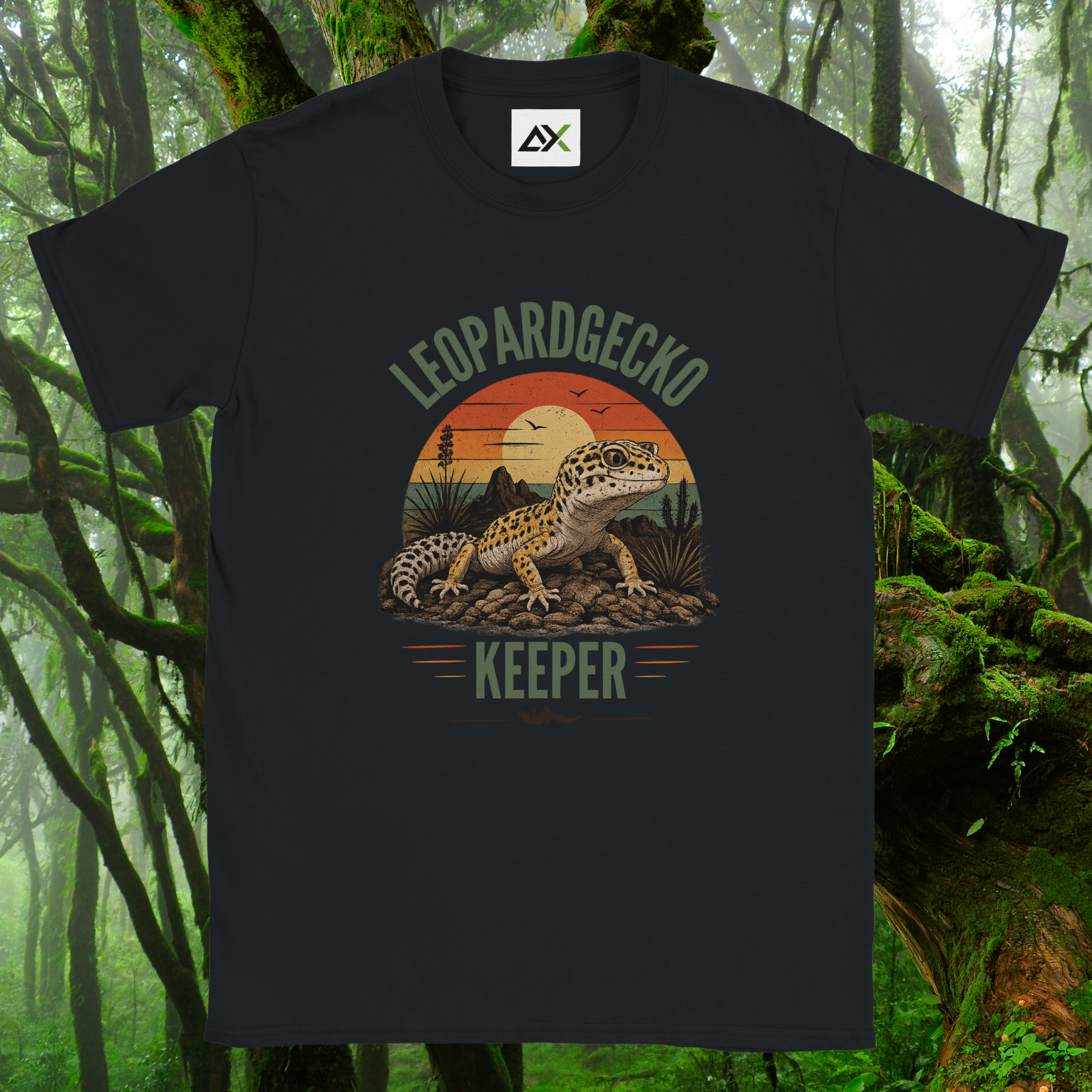 Black Leopard Gecko Keeper shirt with retro sunset design