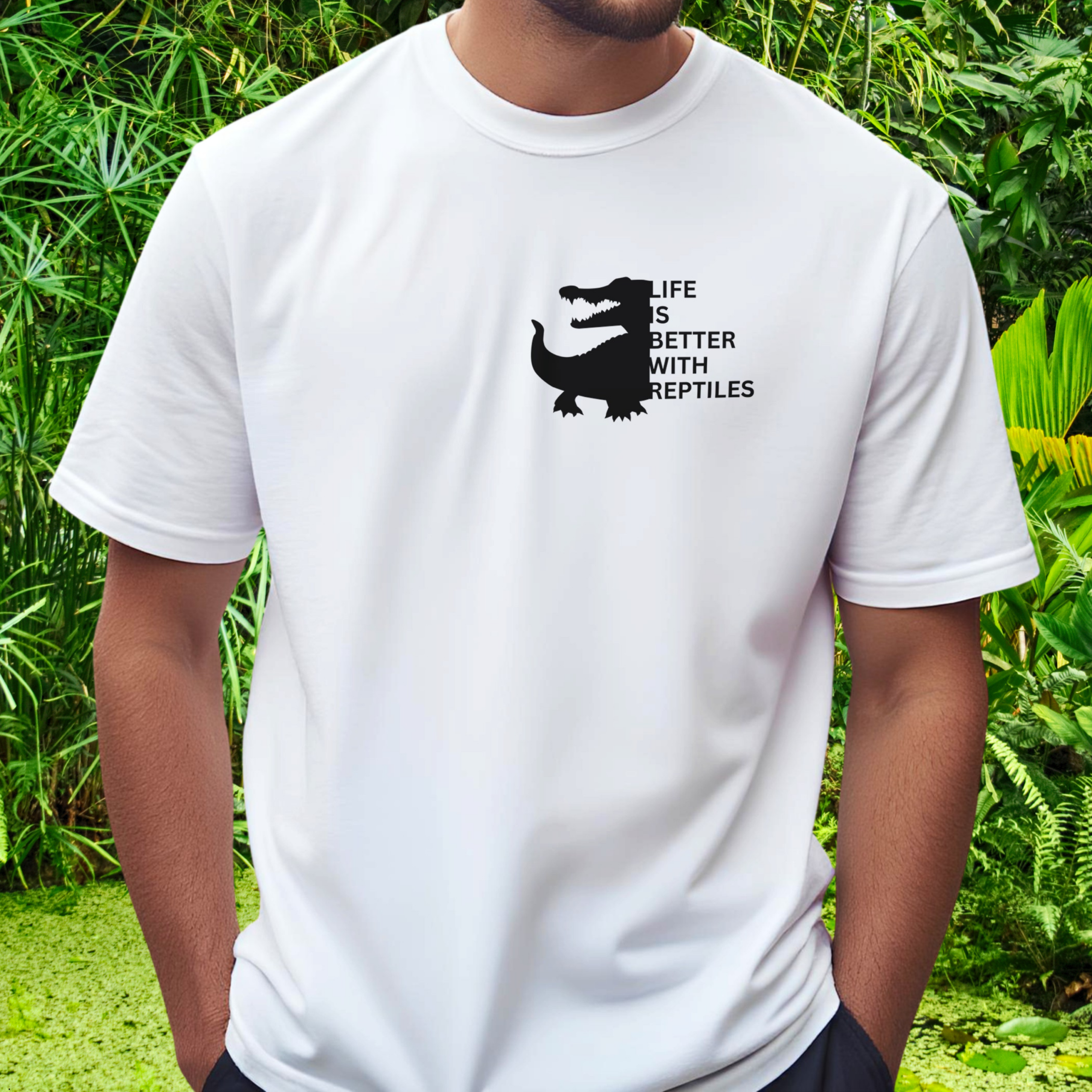 Man wearing a white Reptile shirt from the Life is better Collection