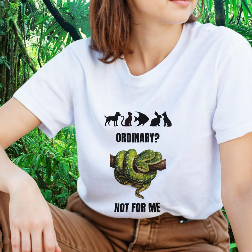 Woman wearing a white snake shirt from the Be different Collection