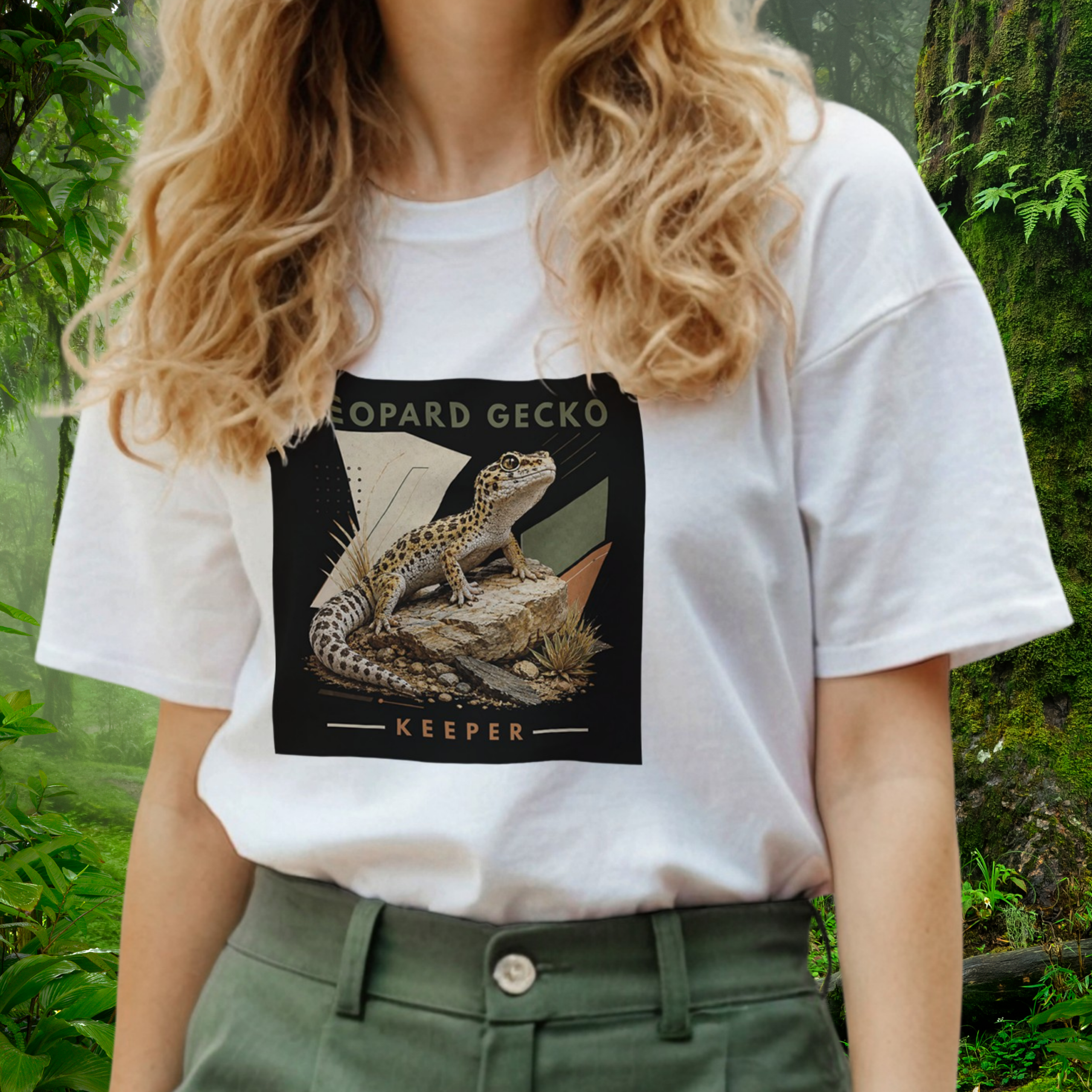 Woman wearing a white Leopard Gecko shirt from the Keeper Collection