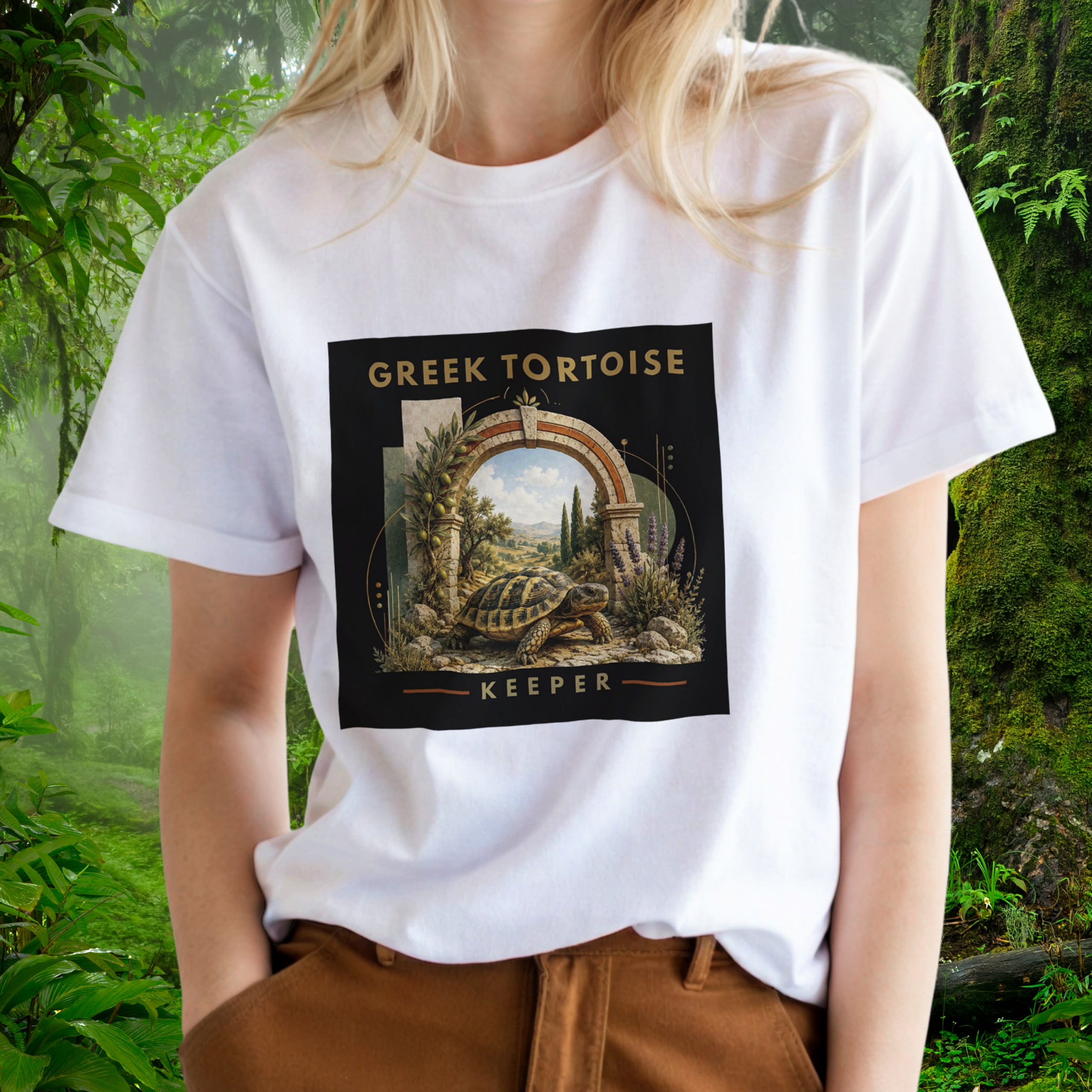 Woman wearing a white Greek Tortoise shirt from the Keeper Collection