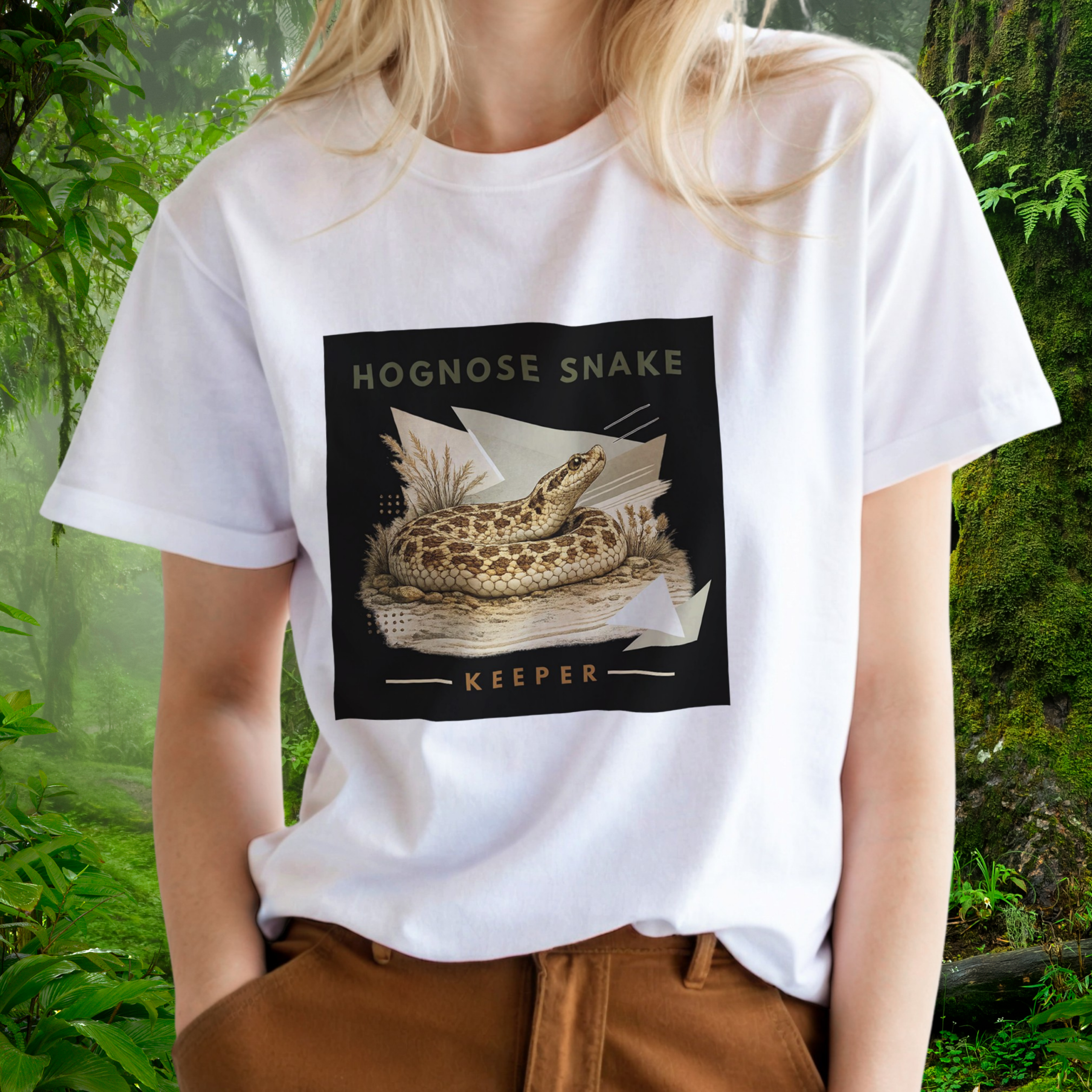 Woman wearing a white Hognose Snake shirt from the Keeper Collection