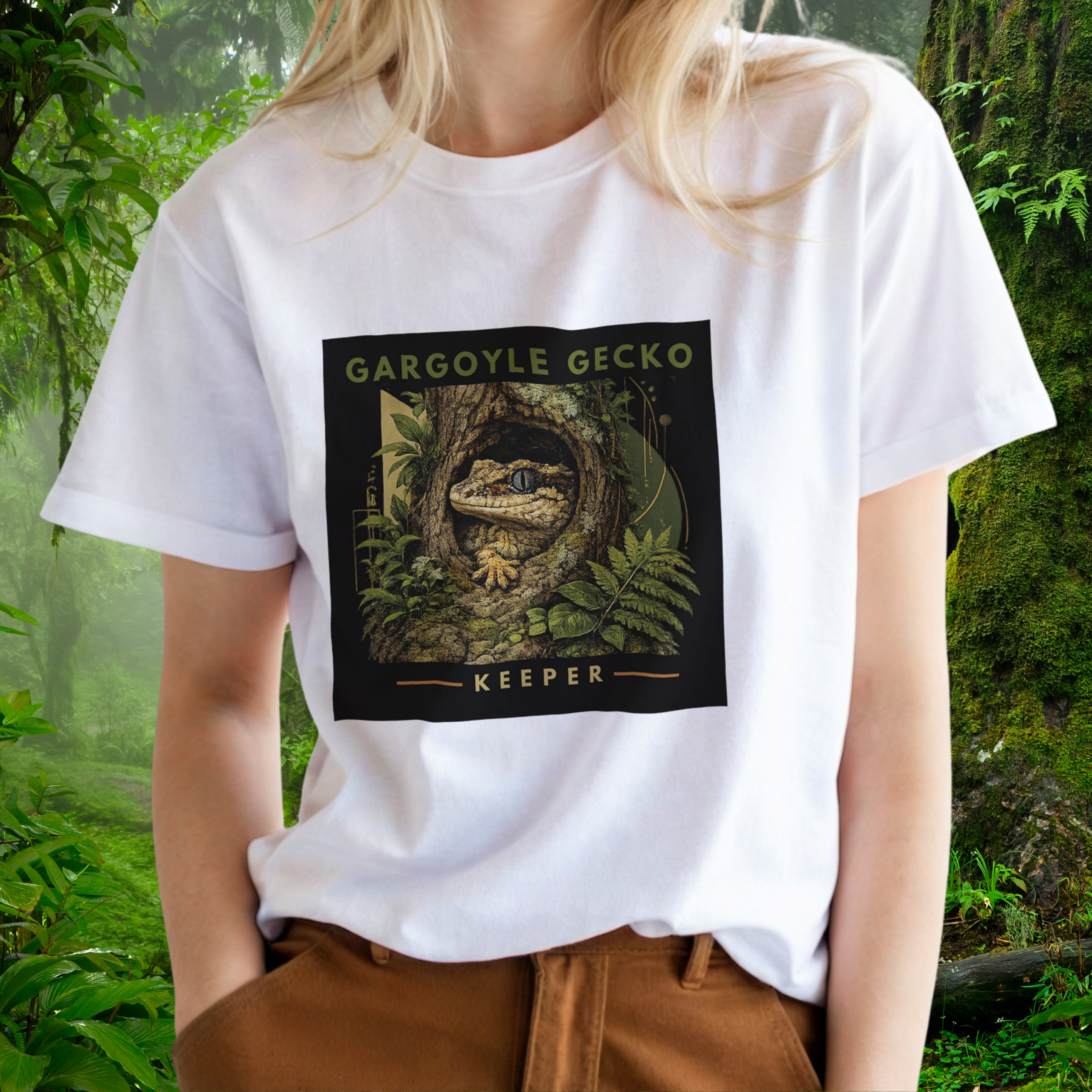 Woman wearing a white Gargoyle Gecko shirt from the Keeper Collection