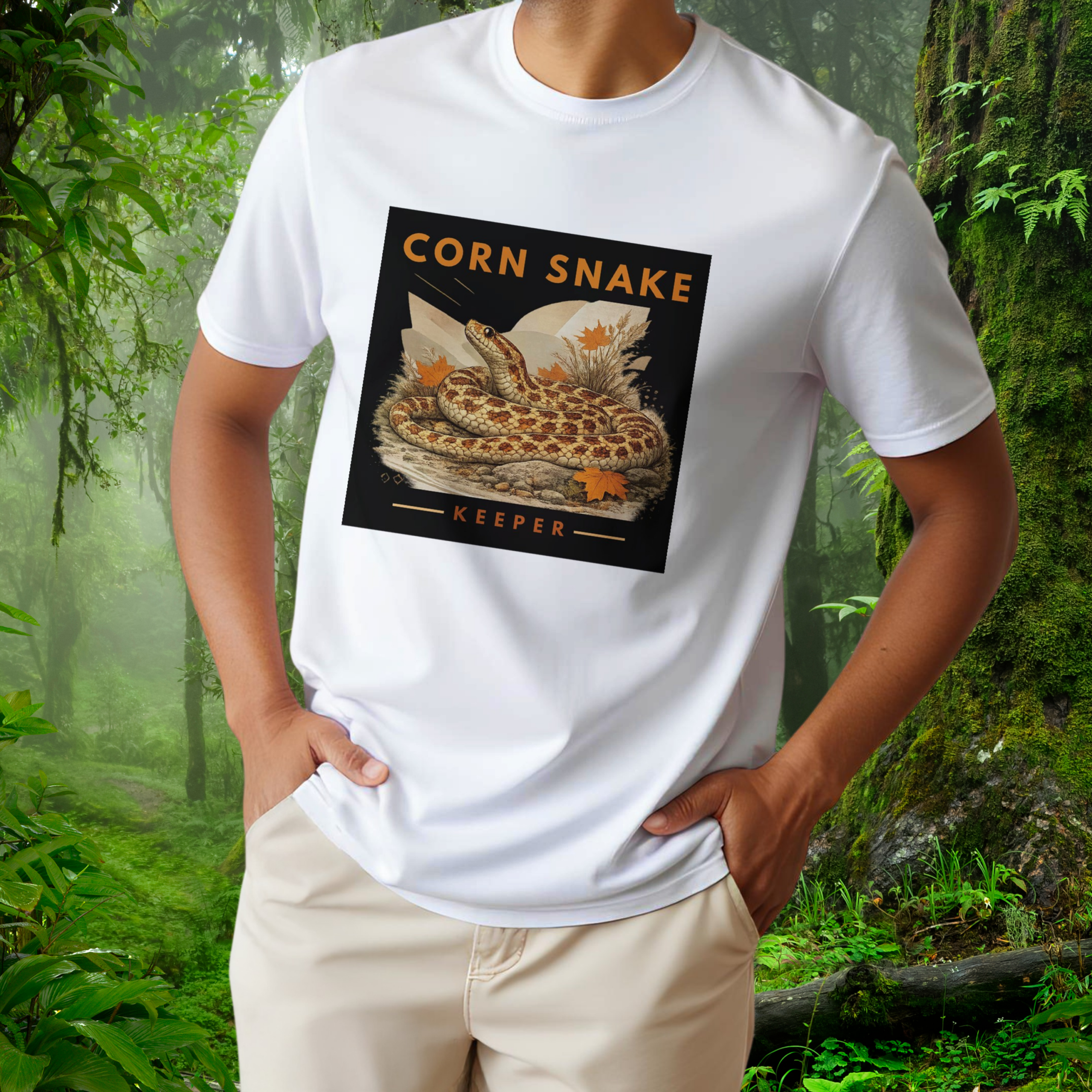 Man wearing a white Corn Snake shirt from the Keeper Collection