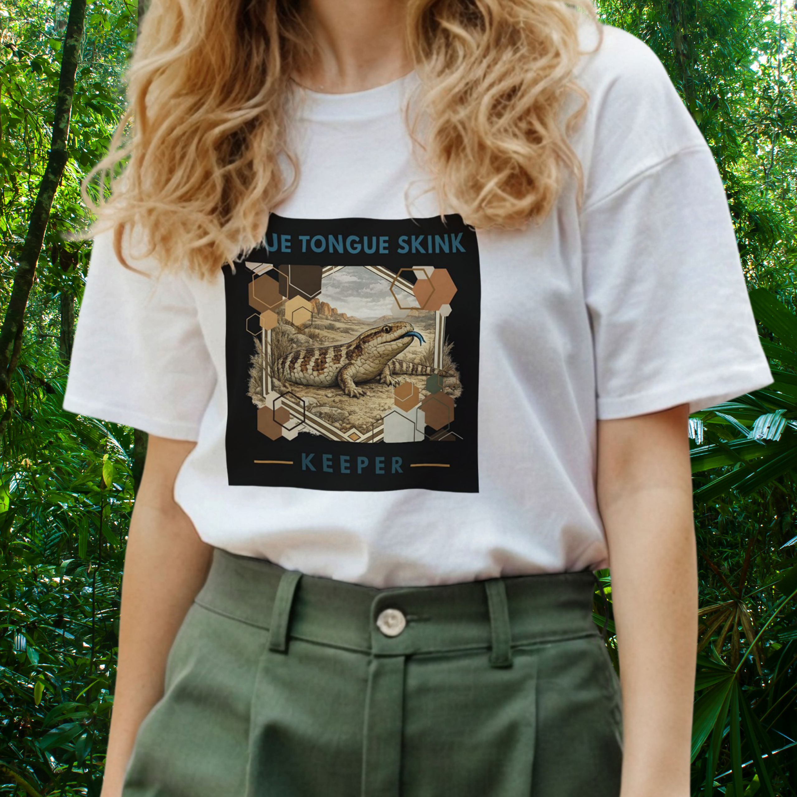Woman wearing a white Blue Tongue Skink shirt from the Keeper Collection