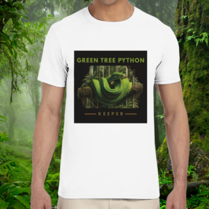 Keeper Collection – Green Tree Python Shirt – White – Man Man wearing a white Green Tree Python shirt from the Keeper Collection