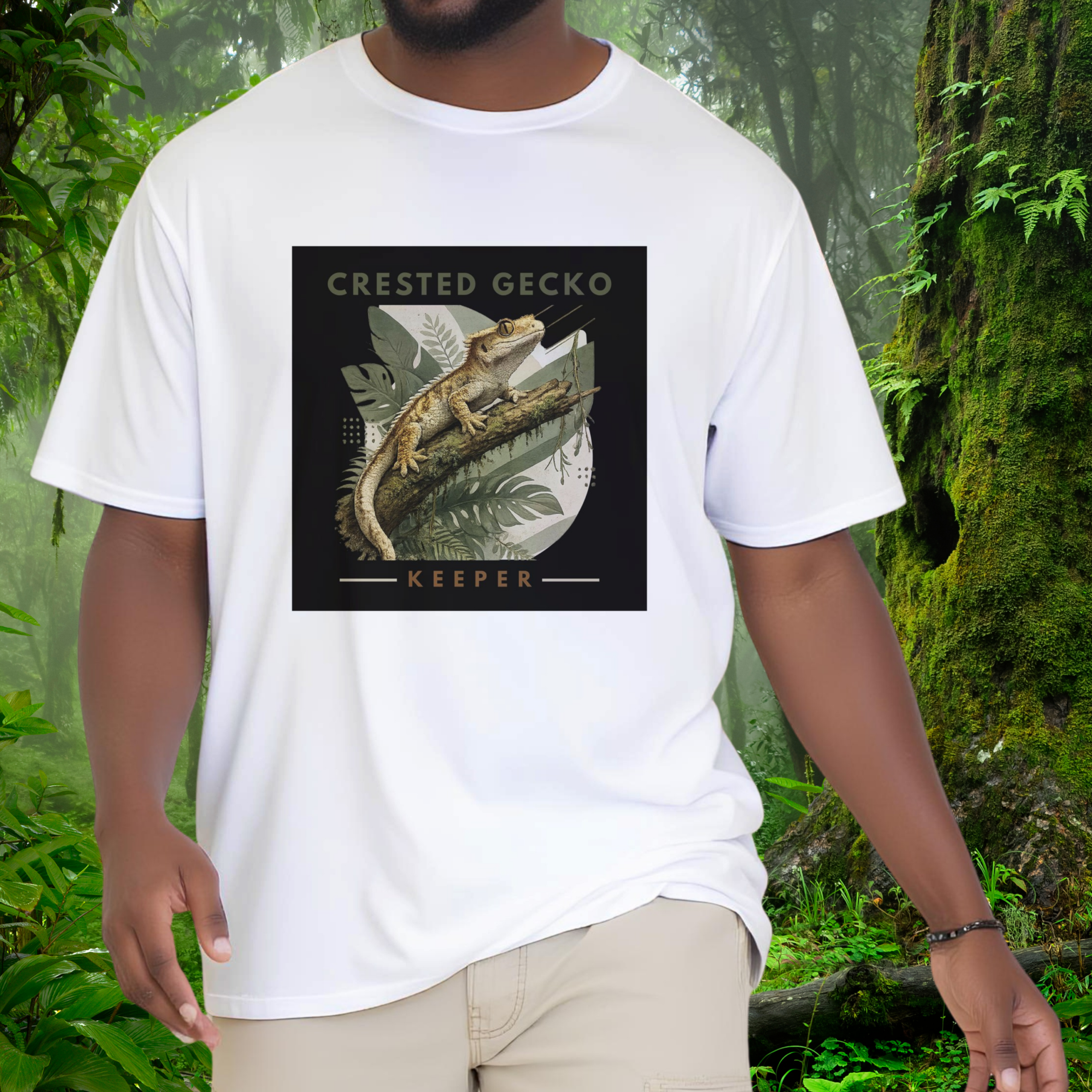 Man wearing a white Crested Gecko shirt from the Keeper Collection