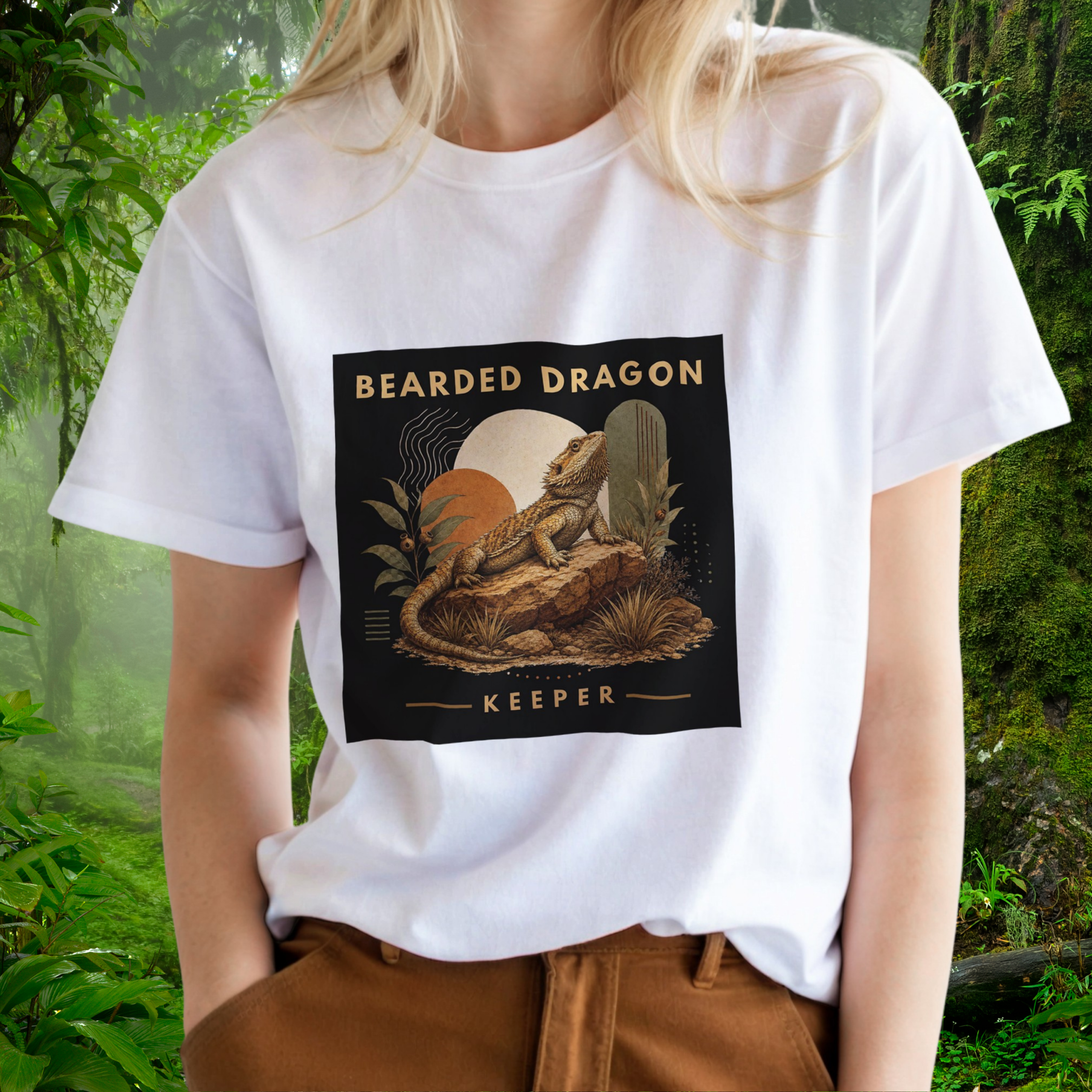 Woman wearing a white Bearded Dragon shirt from the Keeper Collection