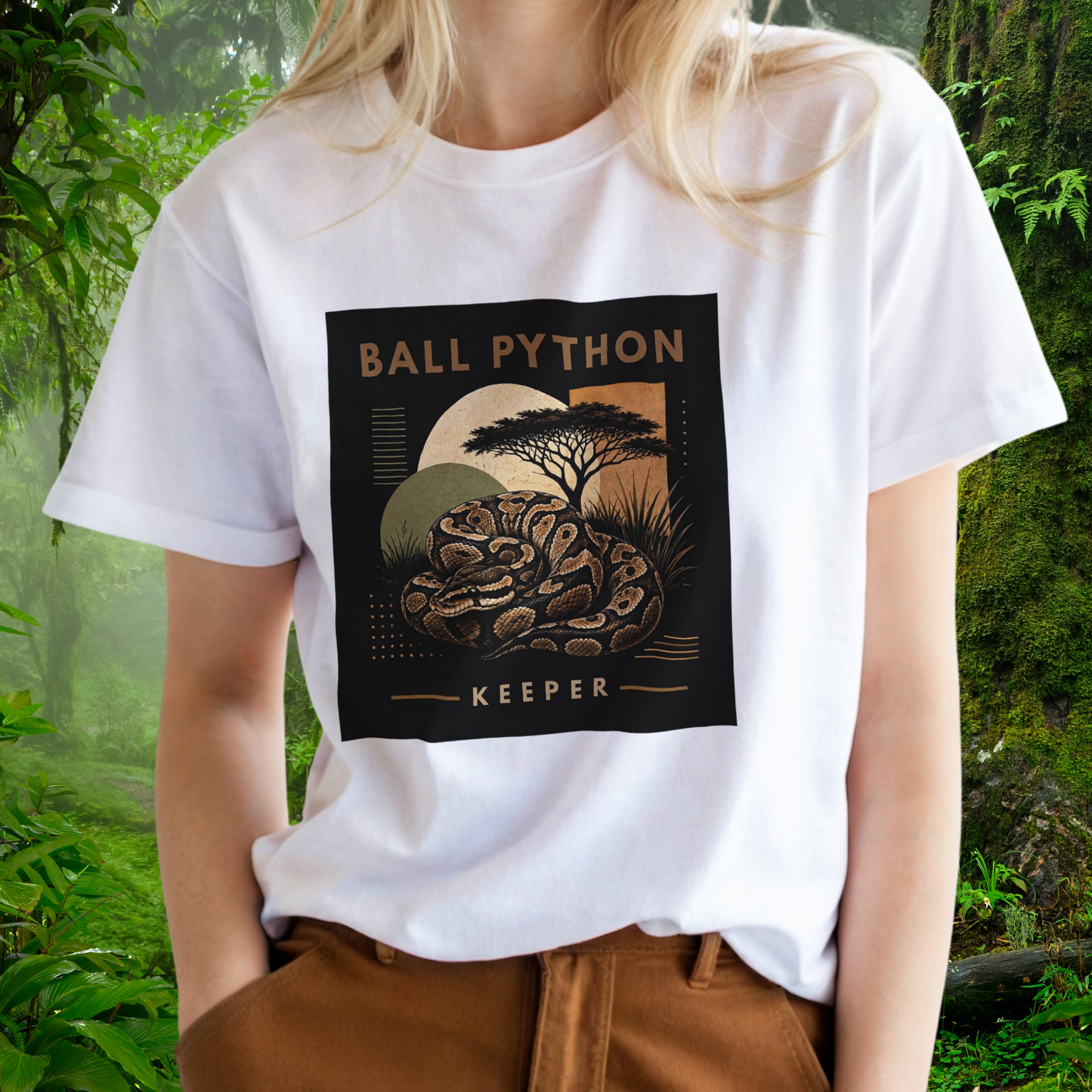 Woman wearing a white Ball Python shirt from the Keeper Collection