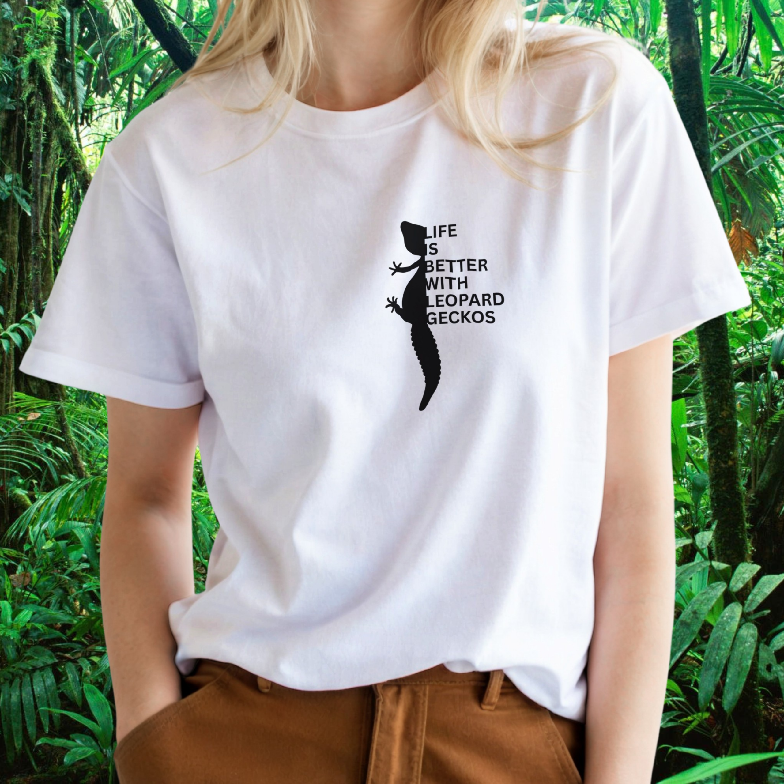 Woman wearing a white Leopard Gecko shirt from the Life is better Collection