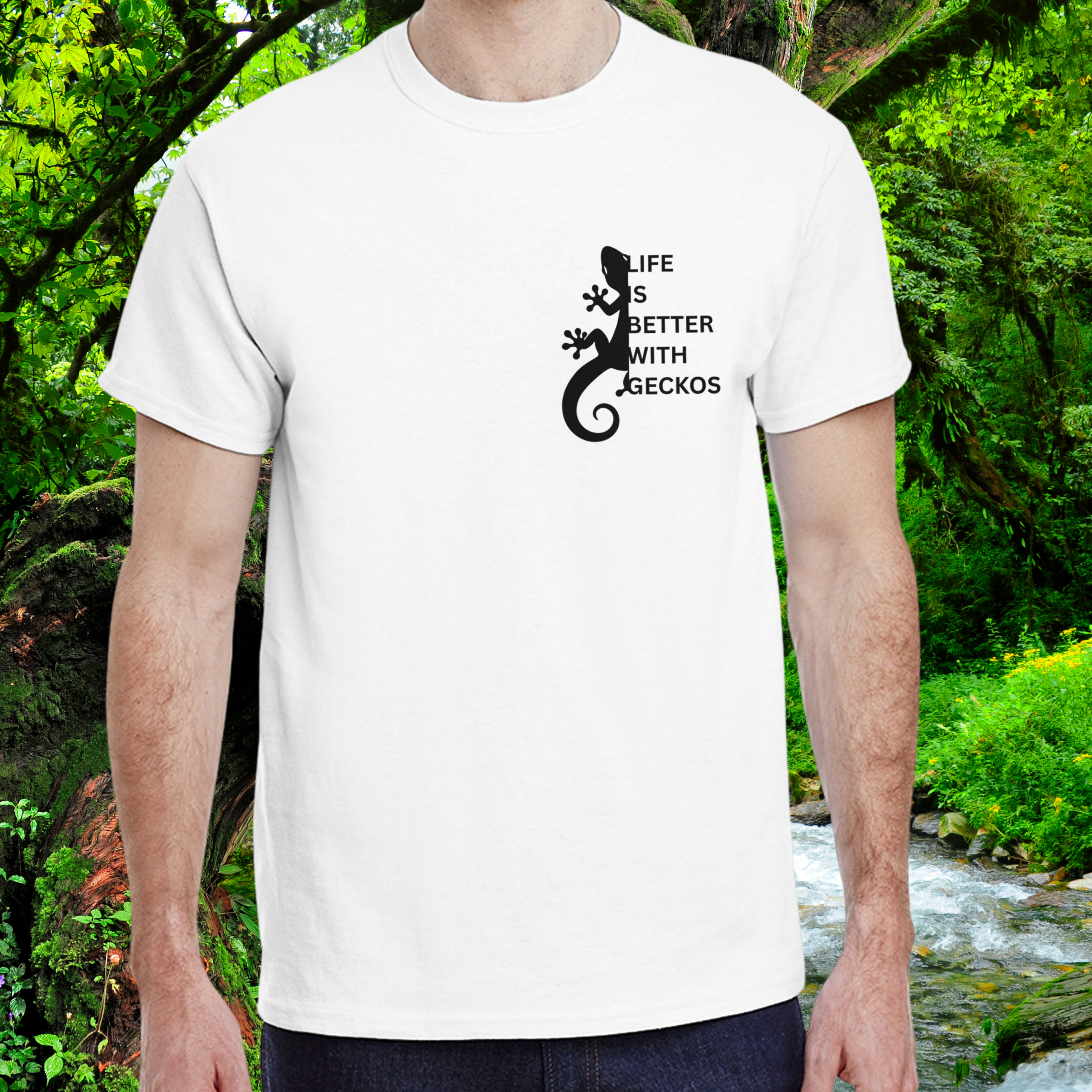 Man wearing a white Gecko shirt from the Life is better Collection