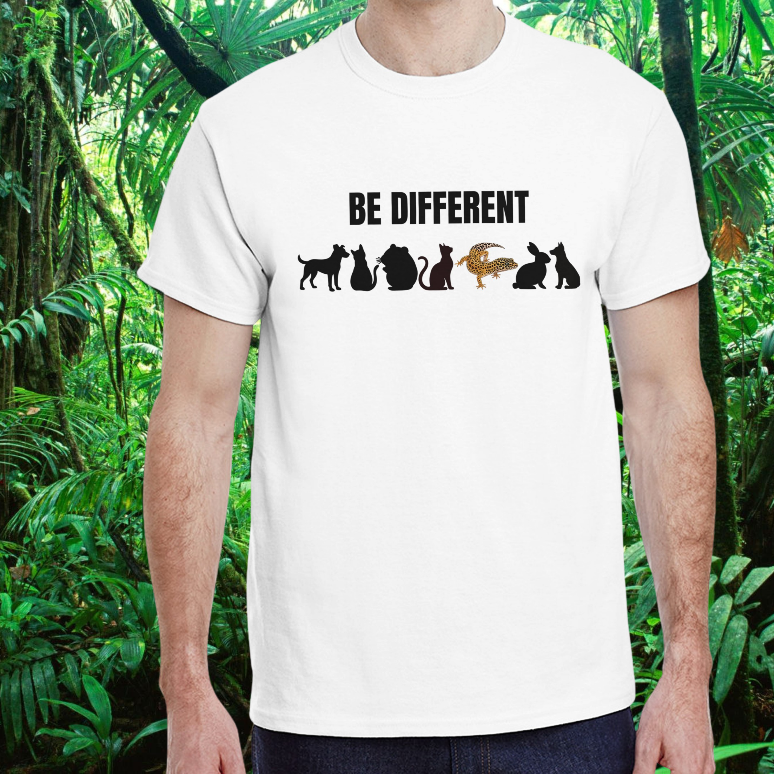 Man wearing a white Be Different shirt with reptile design
