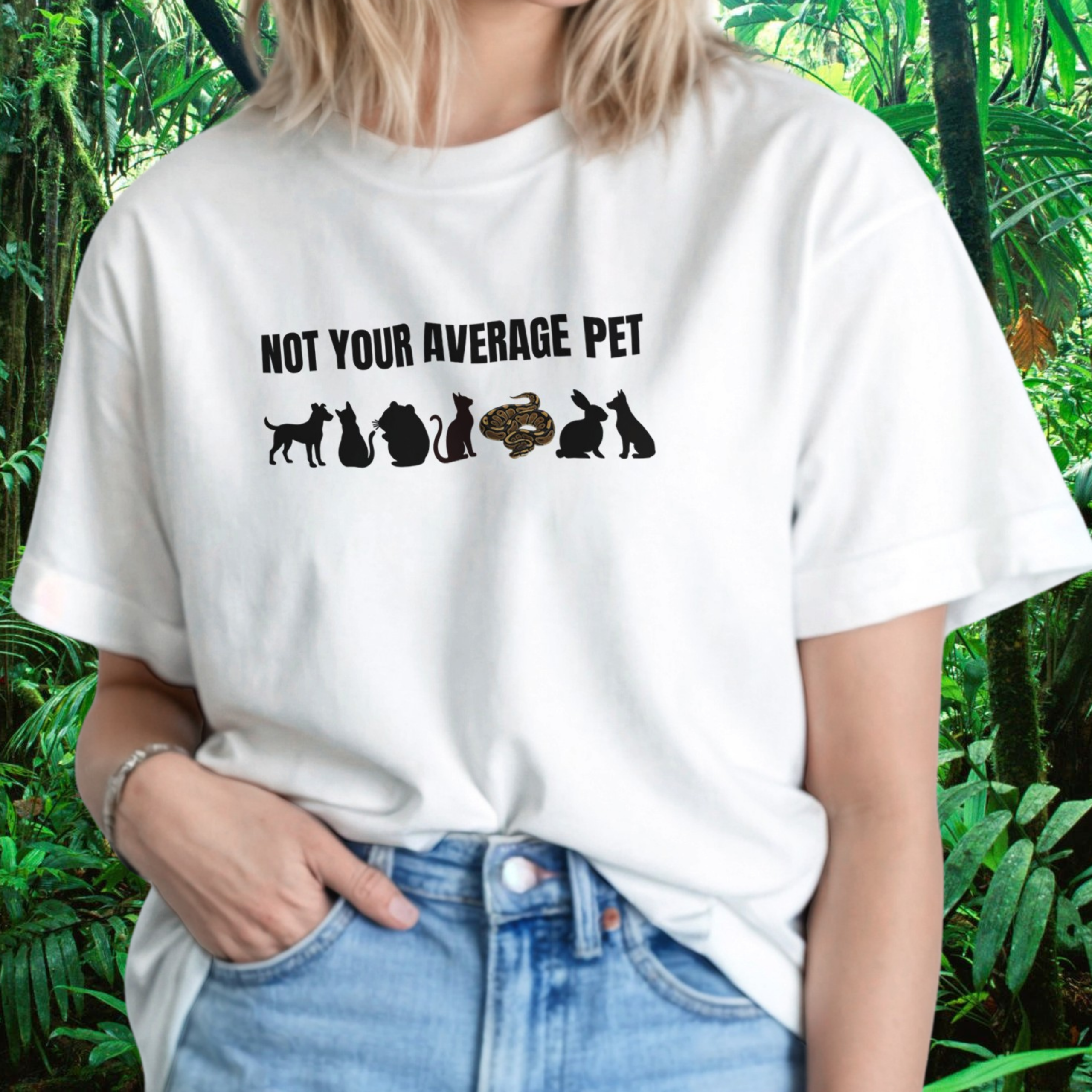Woman wearing a white Not Your Average Pet Ball Python shirt