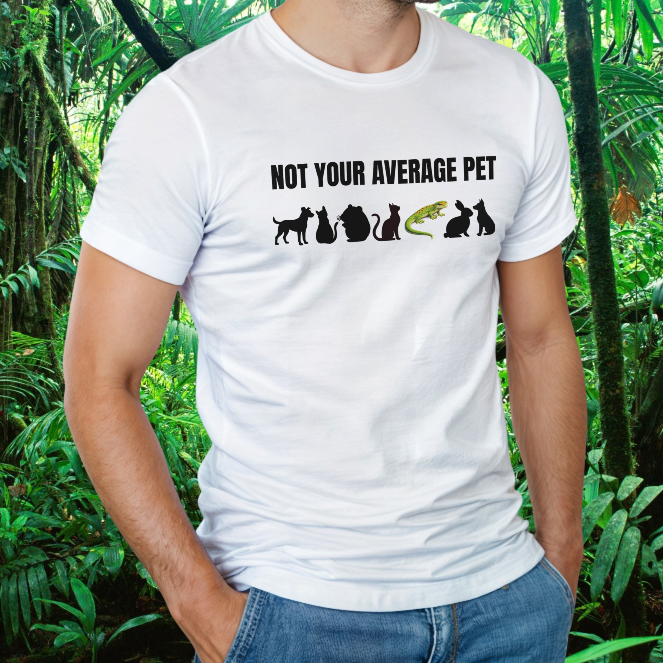 Man wearing a white Not Your Average Pet Gecko shirt