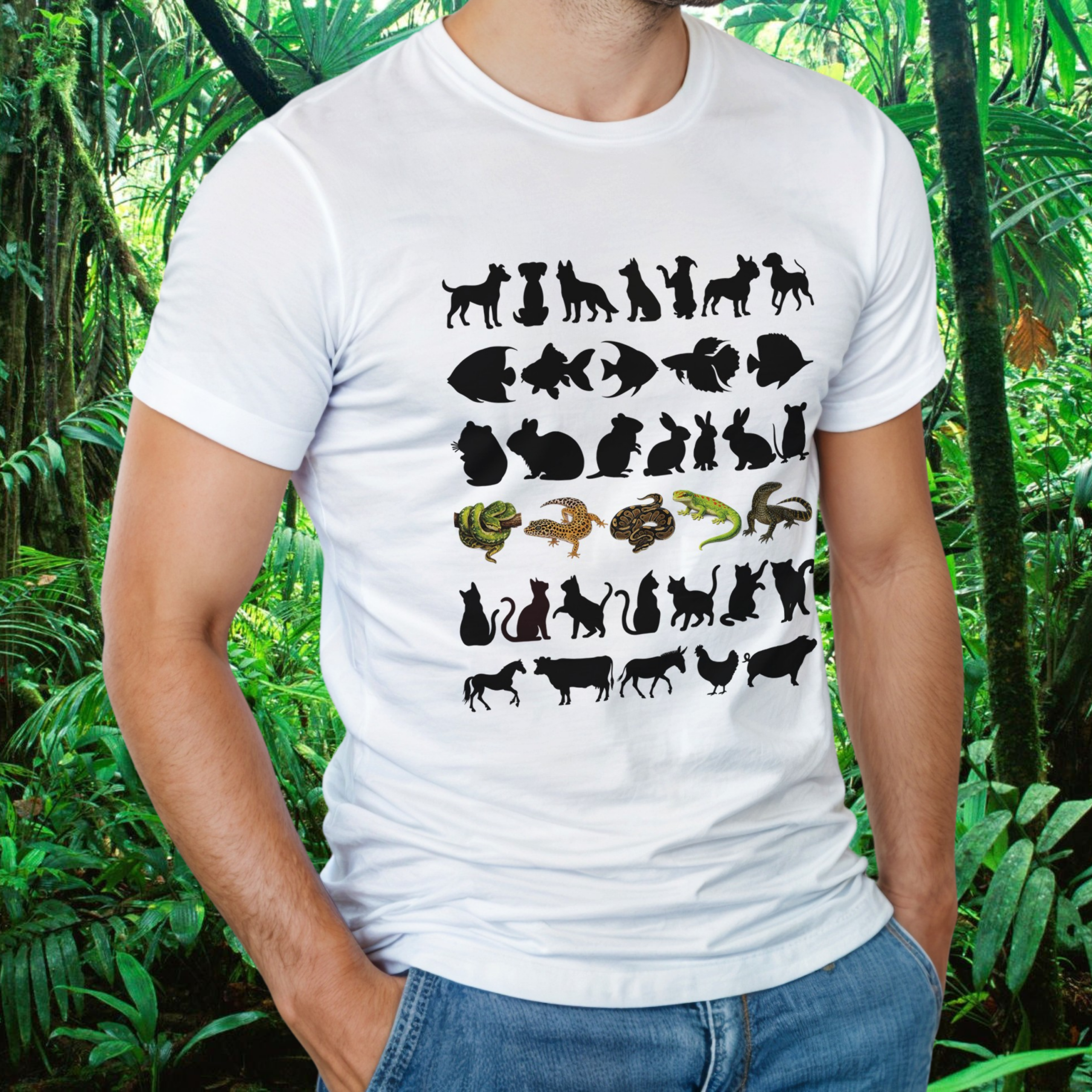 Man wearing a white Not Your Average Pet shirt with animal design