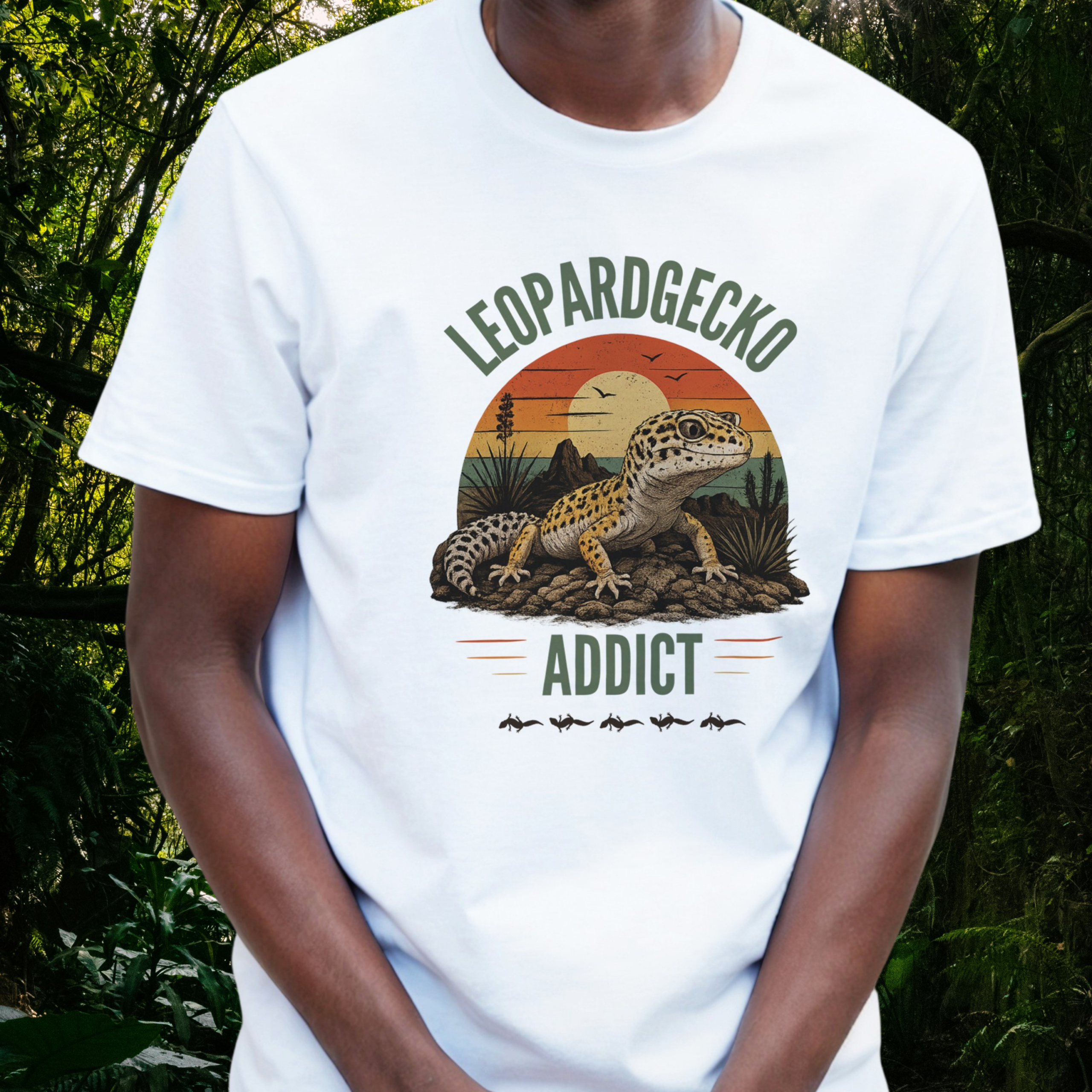 Man wearing a white Leopard Gecko Addict shirt