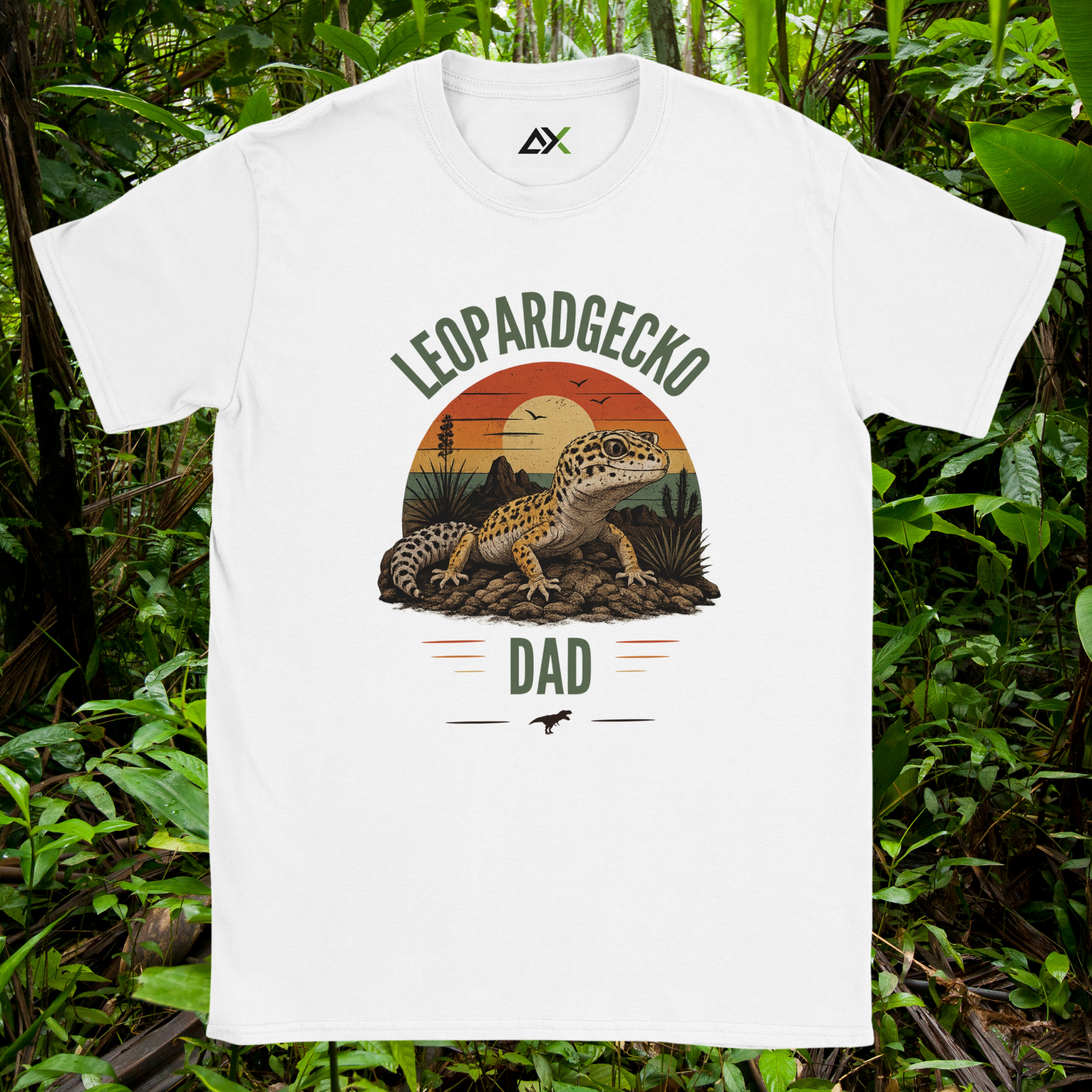 White Leopard Gecko Dad shirt with retro sunset design