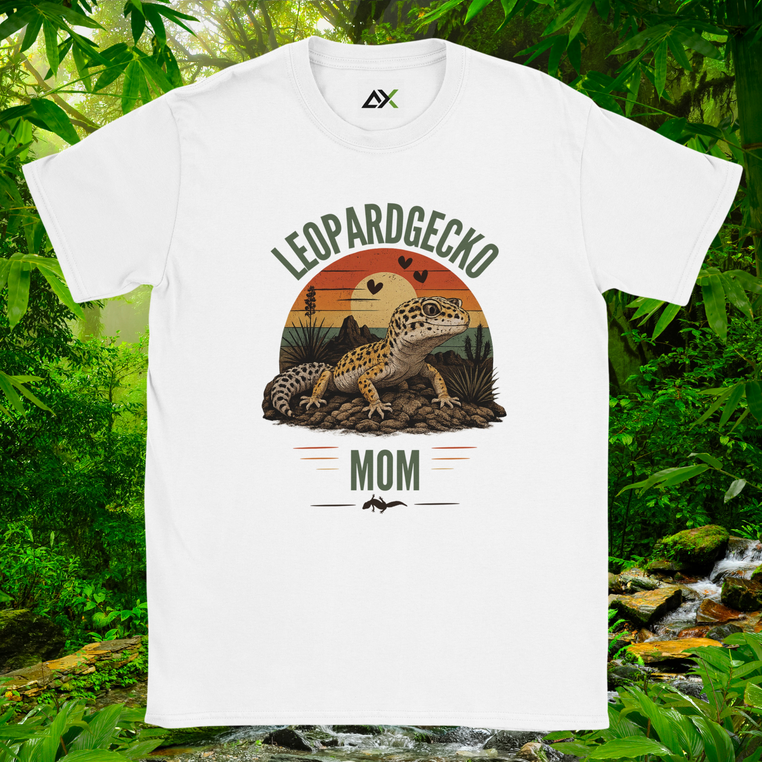 White Leopard Gecko Mom shirt with sunset design
