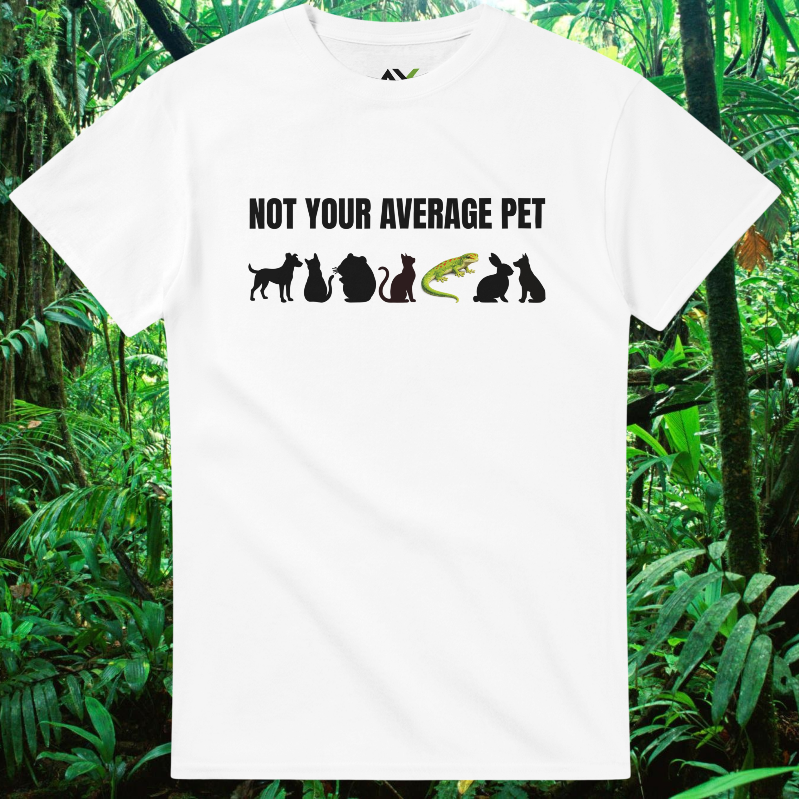 White Not Your Average Pet Gecko shirt with colorful gecko design