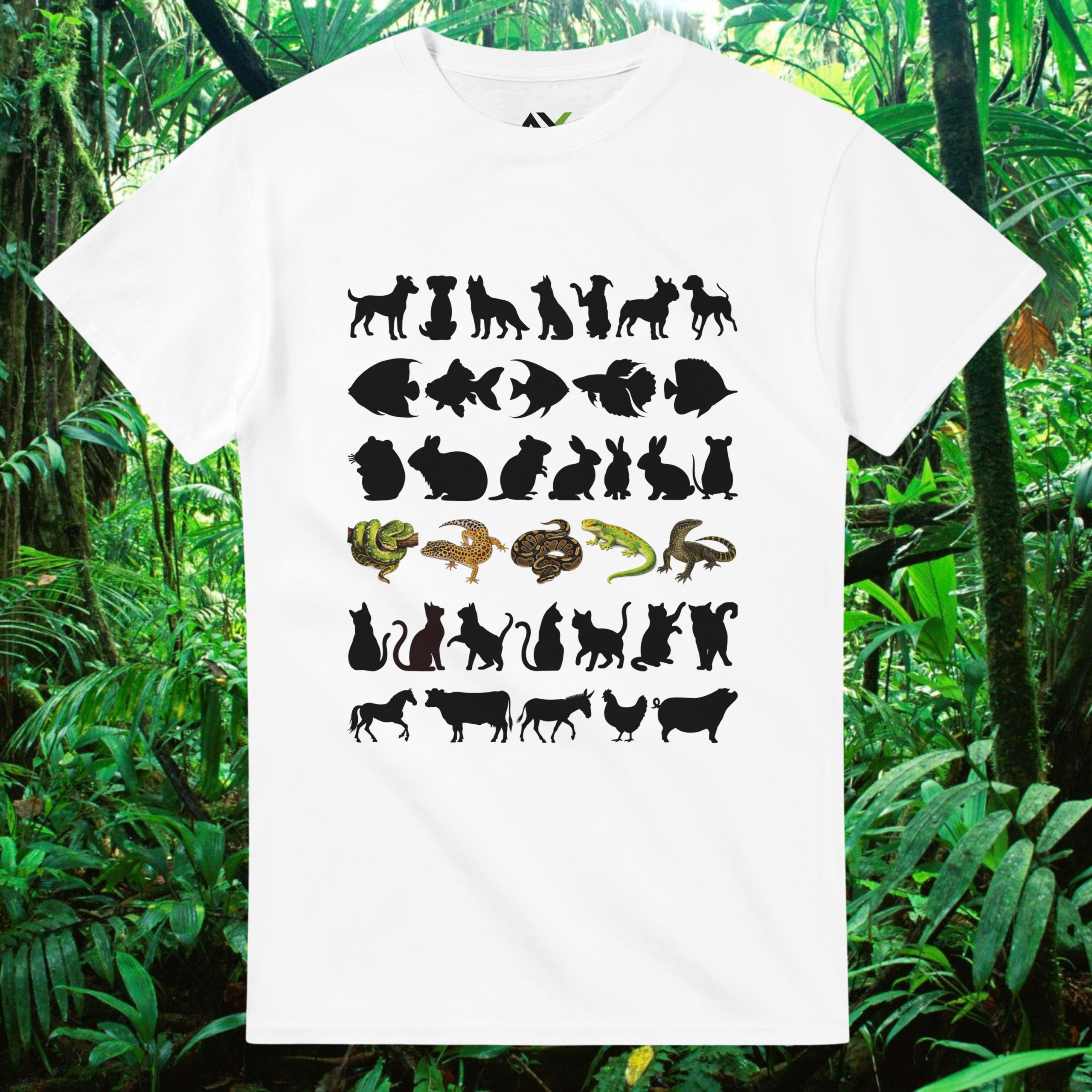 White Not Your Average Pet shirt with animals and reptiles