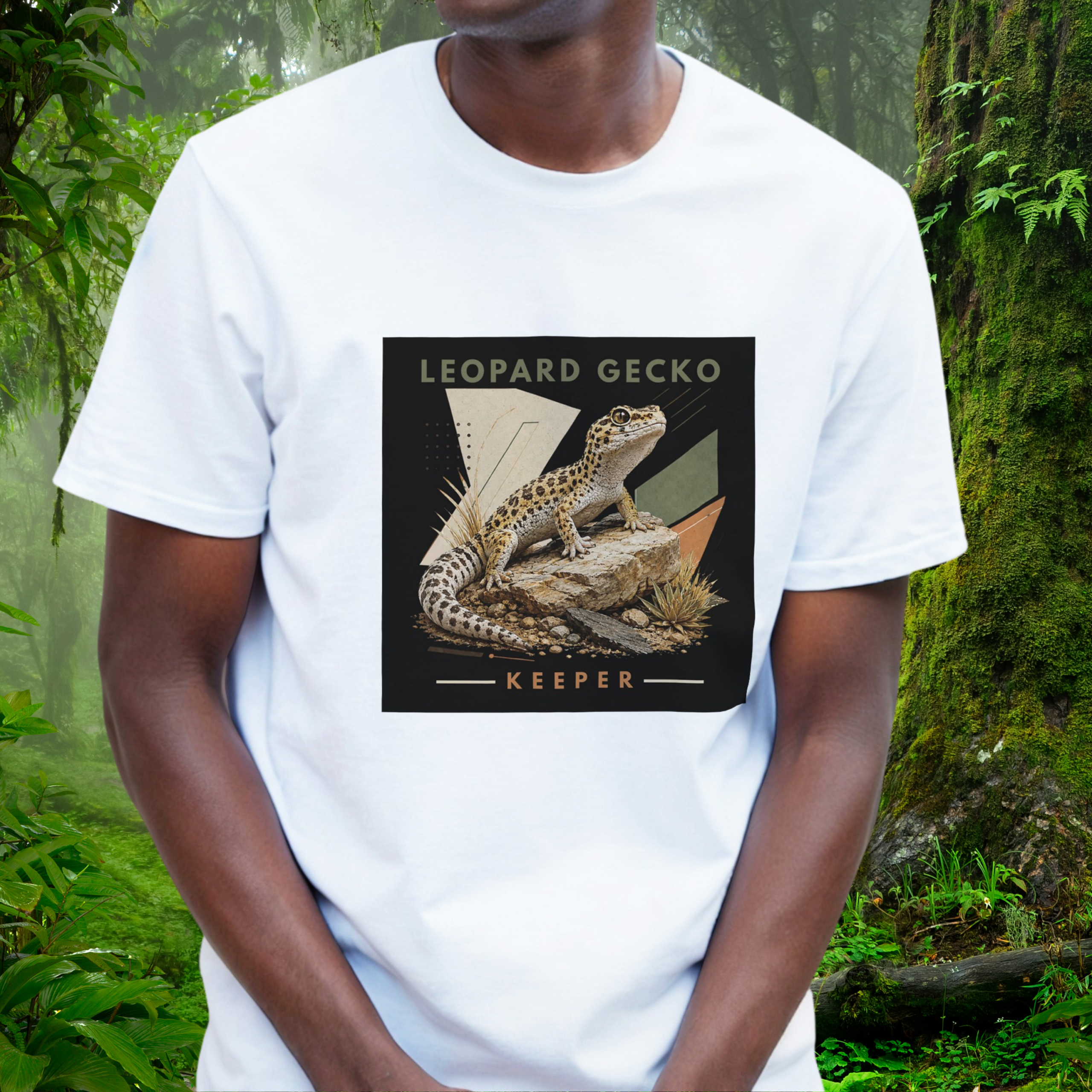 Man wearing a white Leopard Gecko shirt from the Keeper Collection