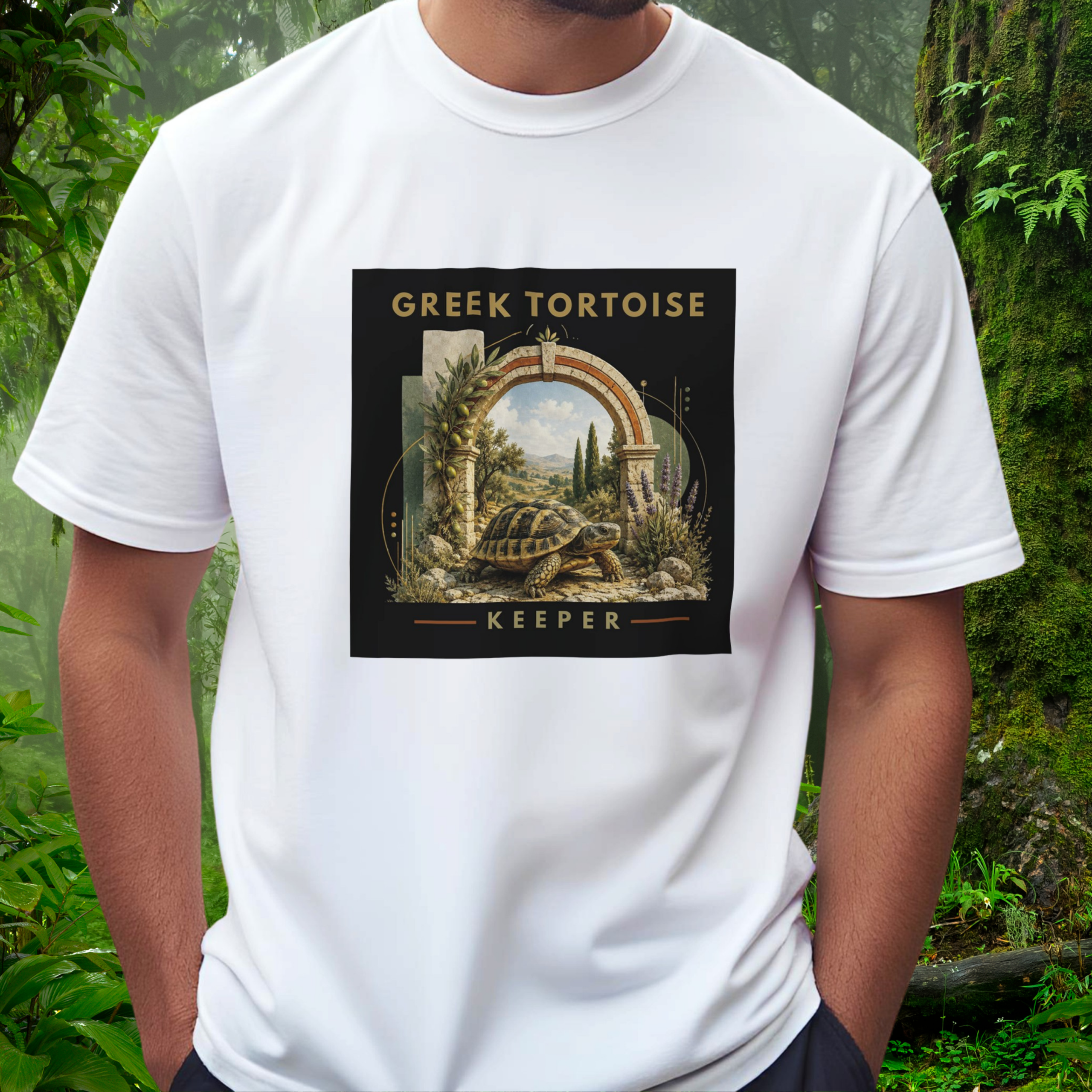 Man wearing a white Greek Tortoise shirt from the Keeper Collection