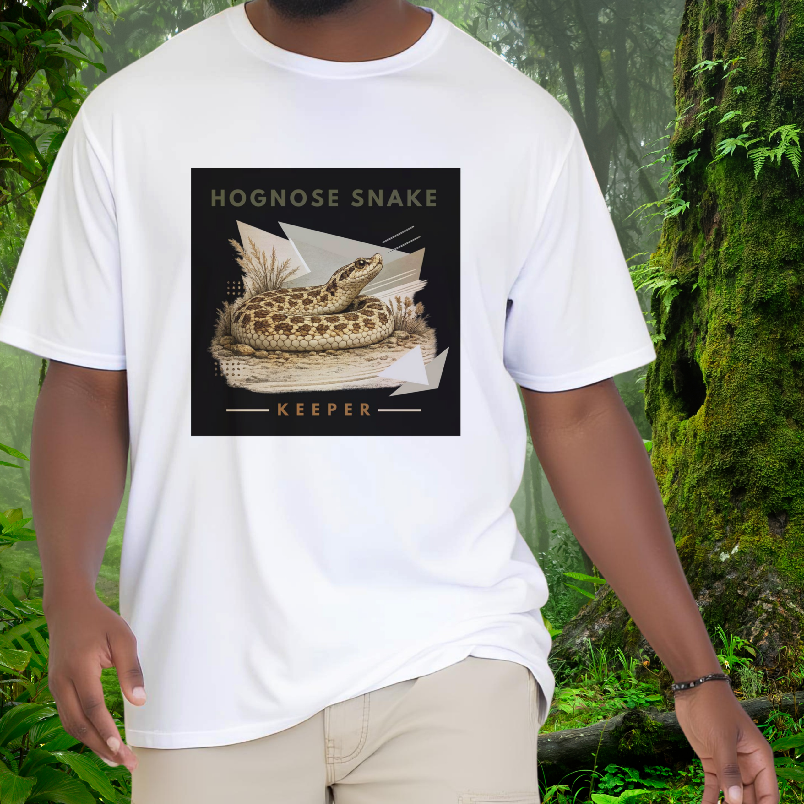 Man wearing a white Hognose Snake shirt from the Keeper Collection