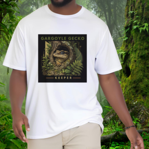 Man wearing a white Gargoyle Gecko shirt from the Keeper Collection