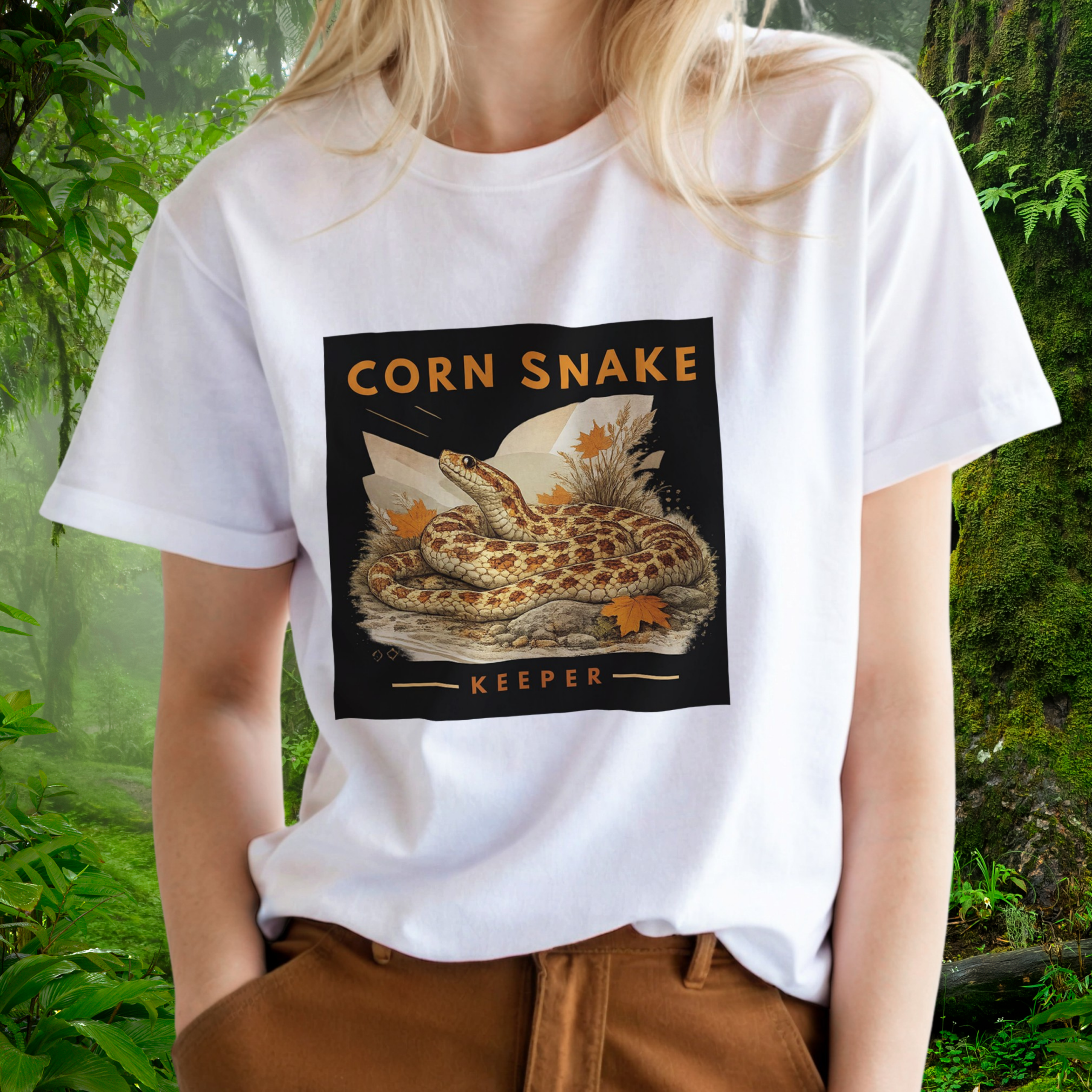 Woman wearing a white Corn Snake shirt from the Keeper Collection