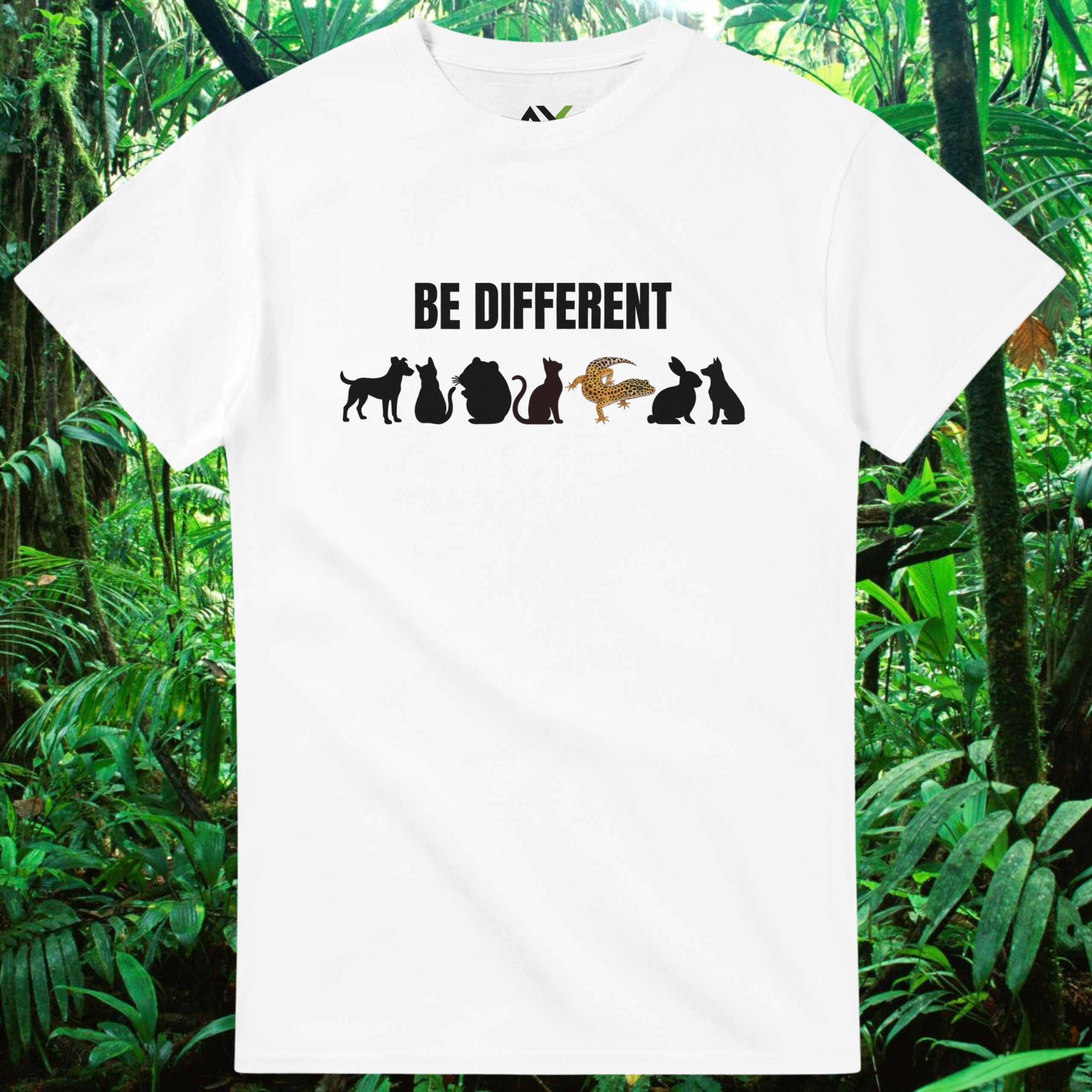 White Be Different shirt with reptile design