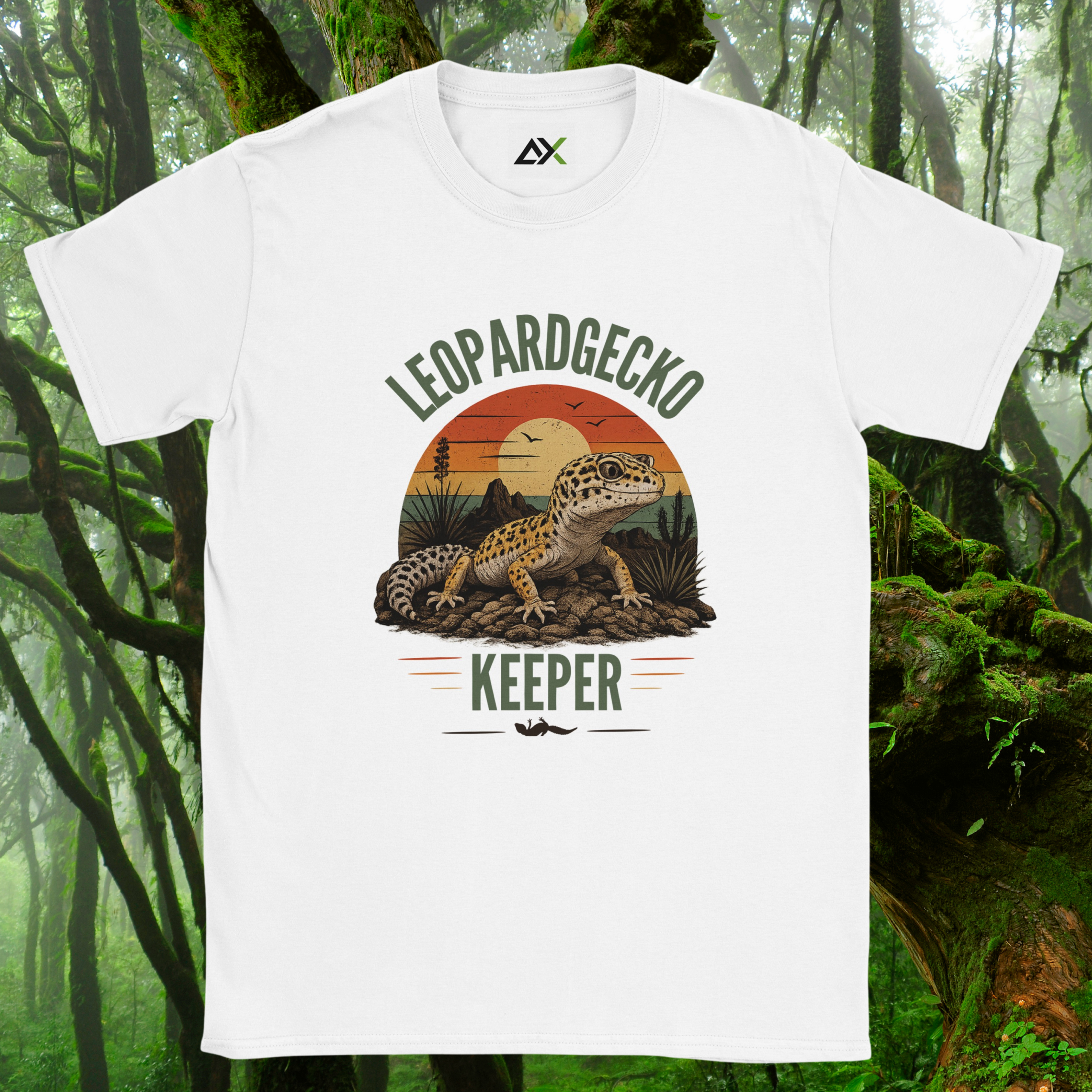 White Leopard Gecko Keeper shirt with retro sunset design