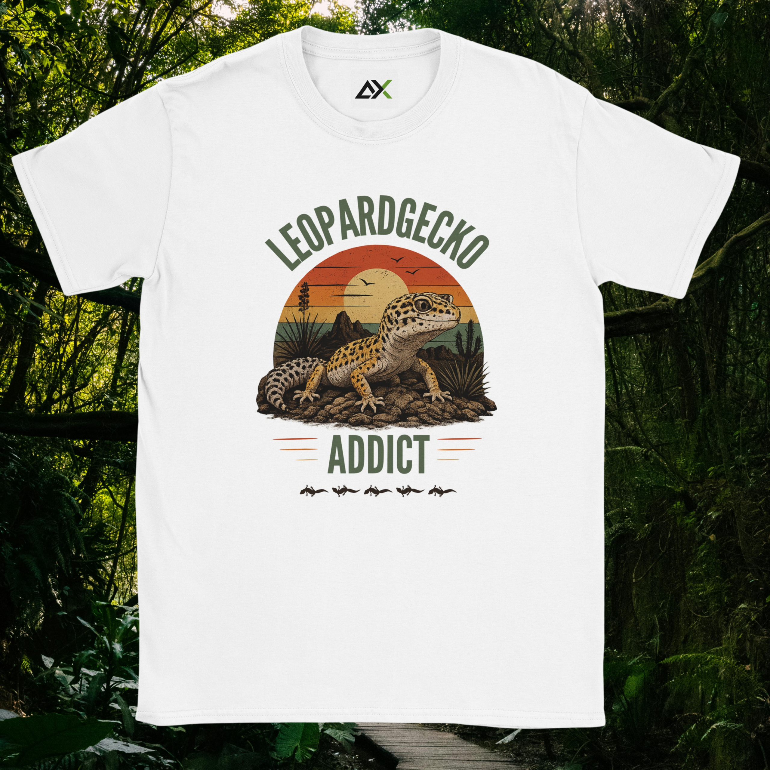 White Leopard Gecko Addict shirt with retro sunset design
