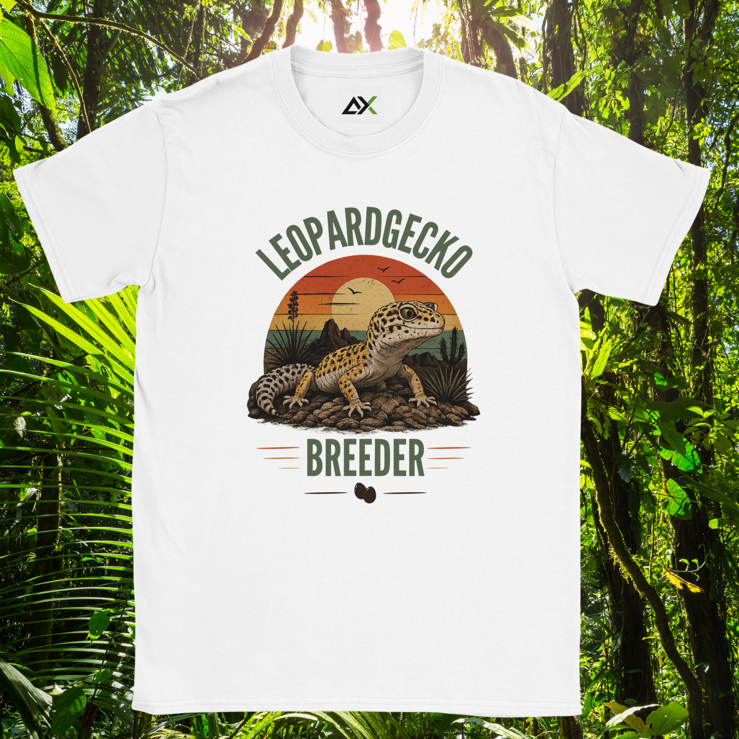 White Leopard Gecko Breeder shirt with retro sunset design