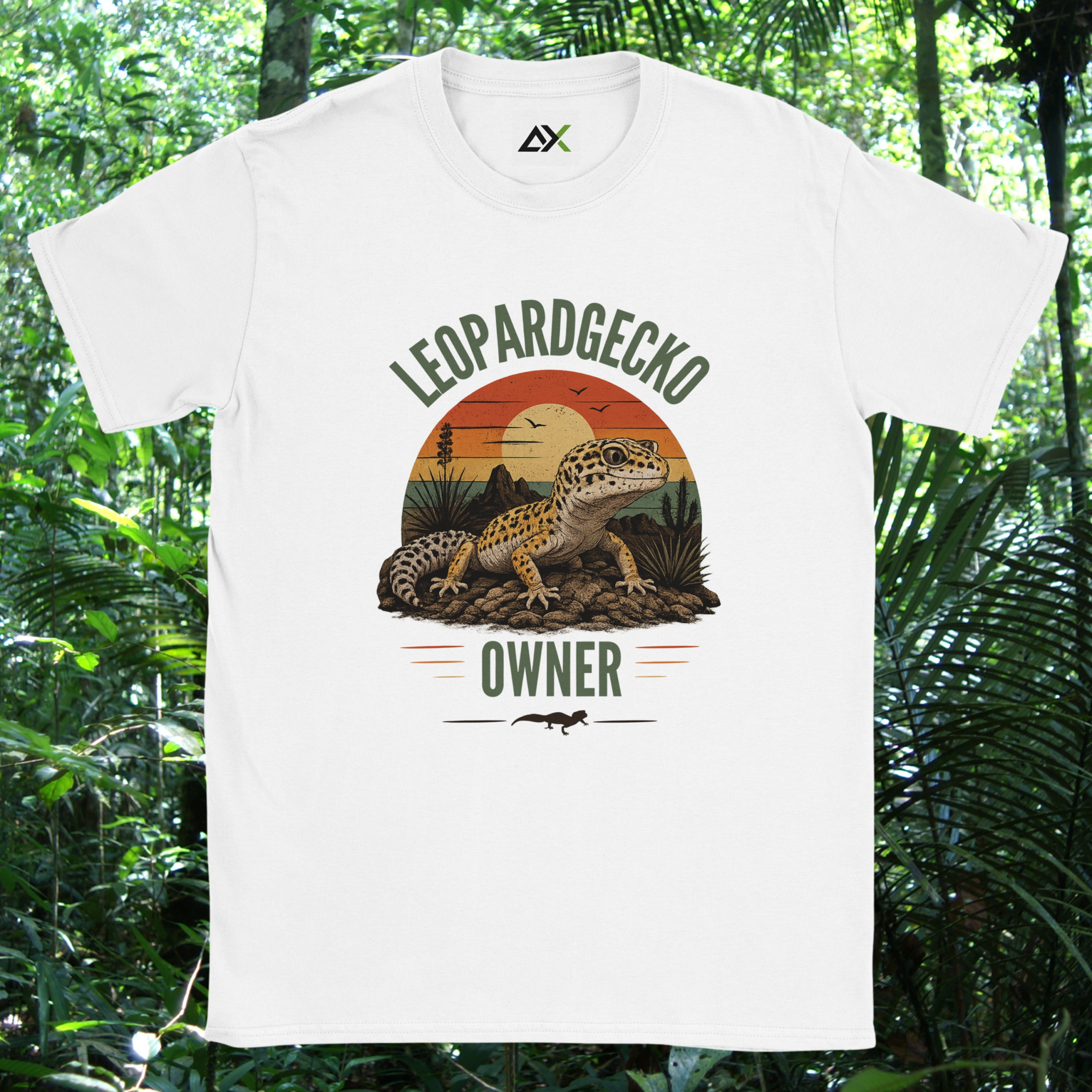 White Leopard Gecko Owner shirt with retro sunset design