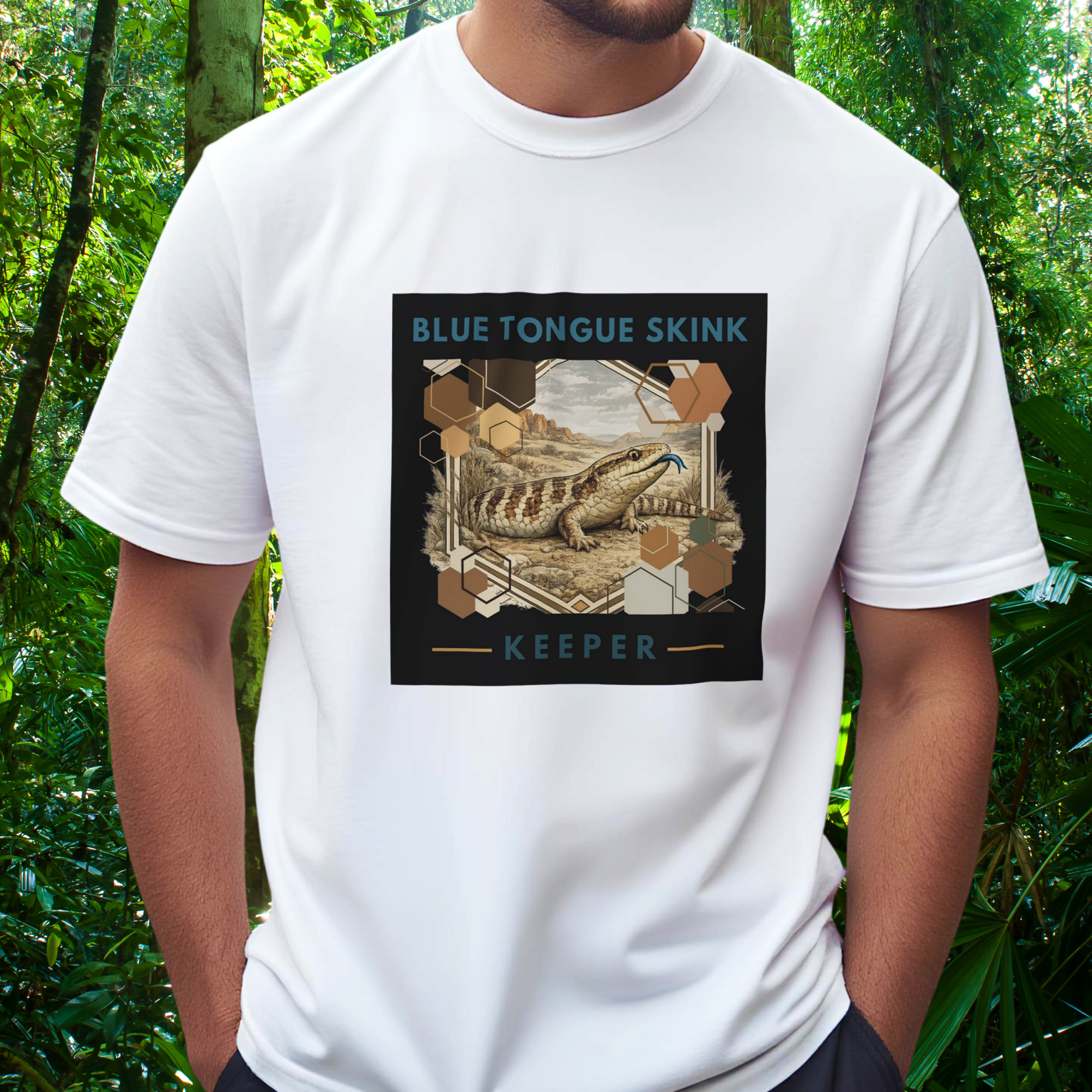 Man wearing a white Blue Tongue Skink shirt from the Keeper Collection