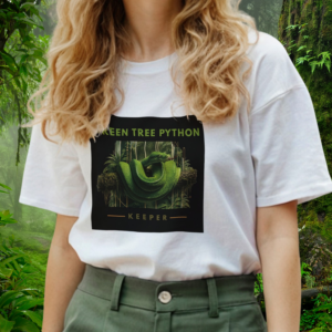 Woman wearing a white Green Tree Python shirt from the Keeper Collection