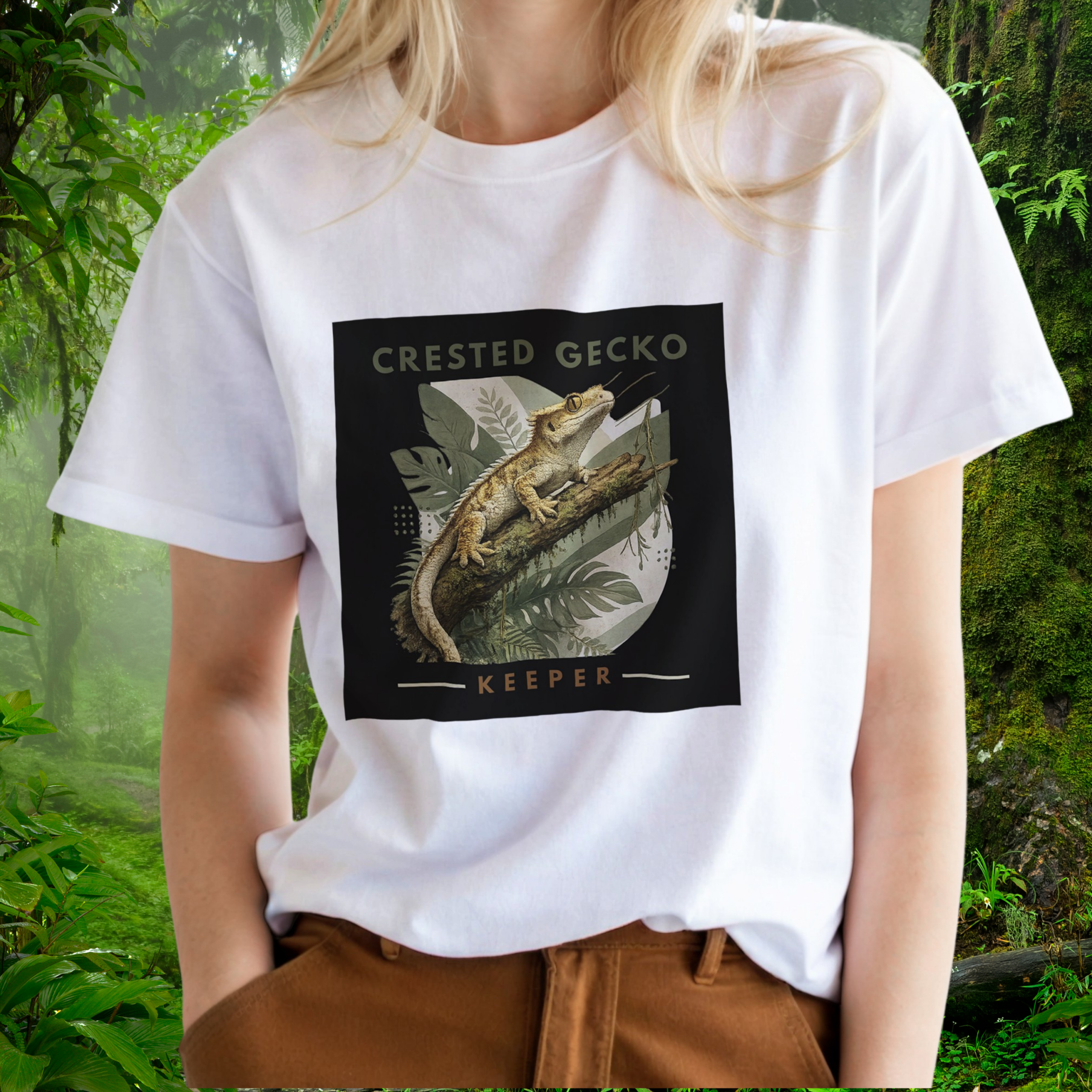 Woman wearing a white Crested Gecko shirt from the Keeper Collection