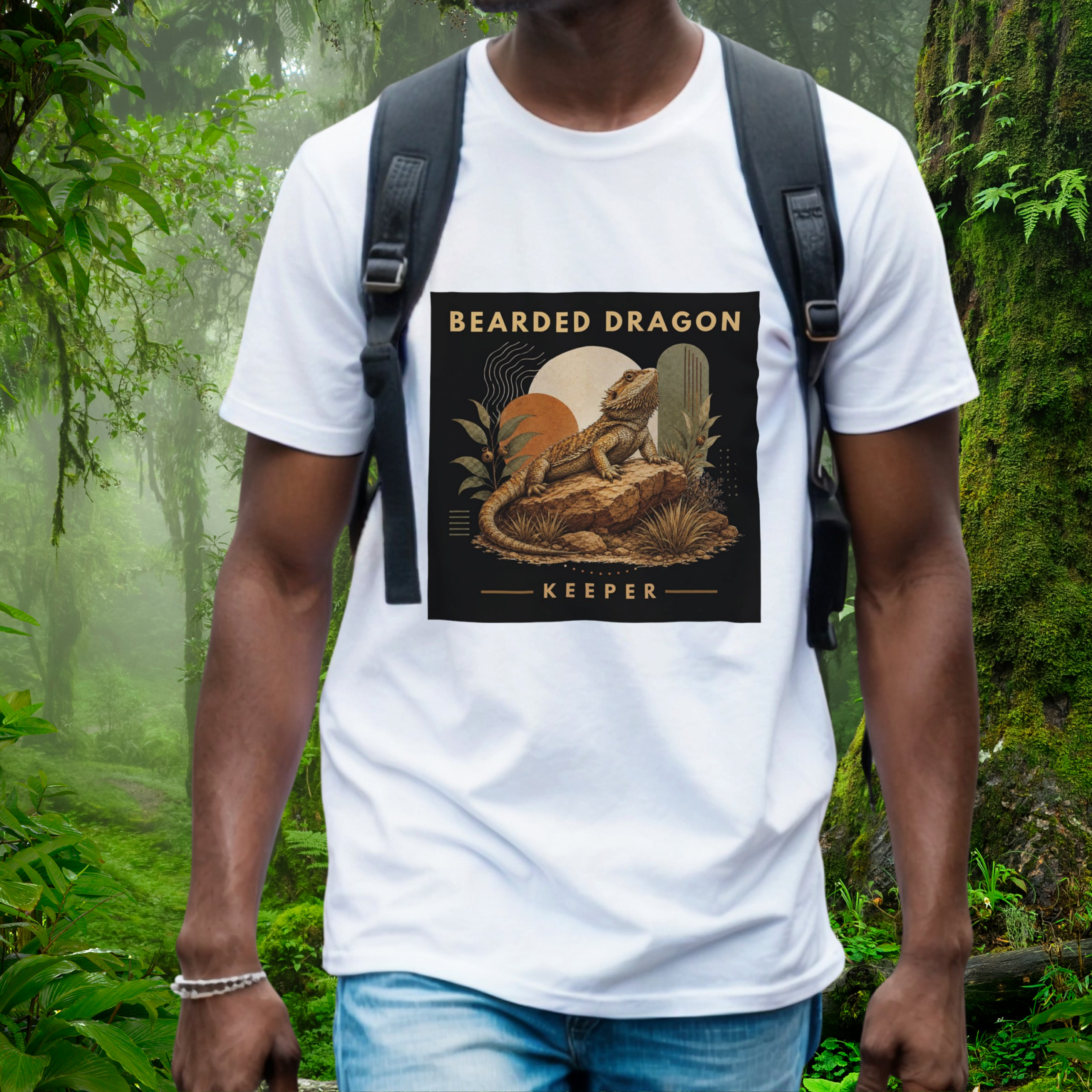 Man wearing a white Bearded Dragon shirt from the Keeper Collection