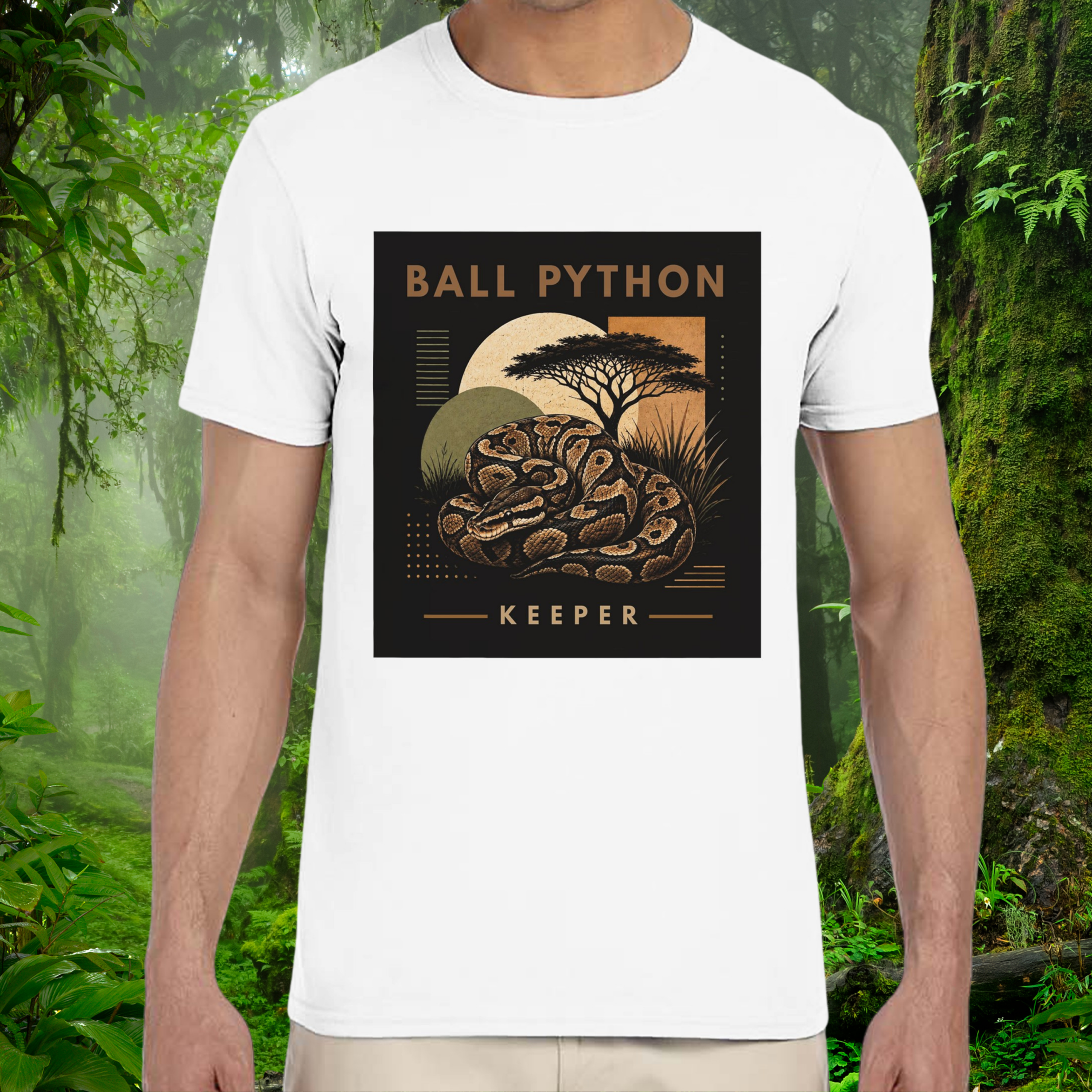 Man wearing a white Ball Python shirt from the Keeper Collection