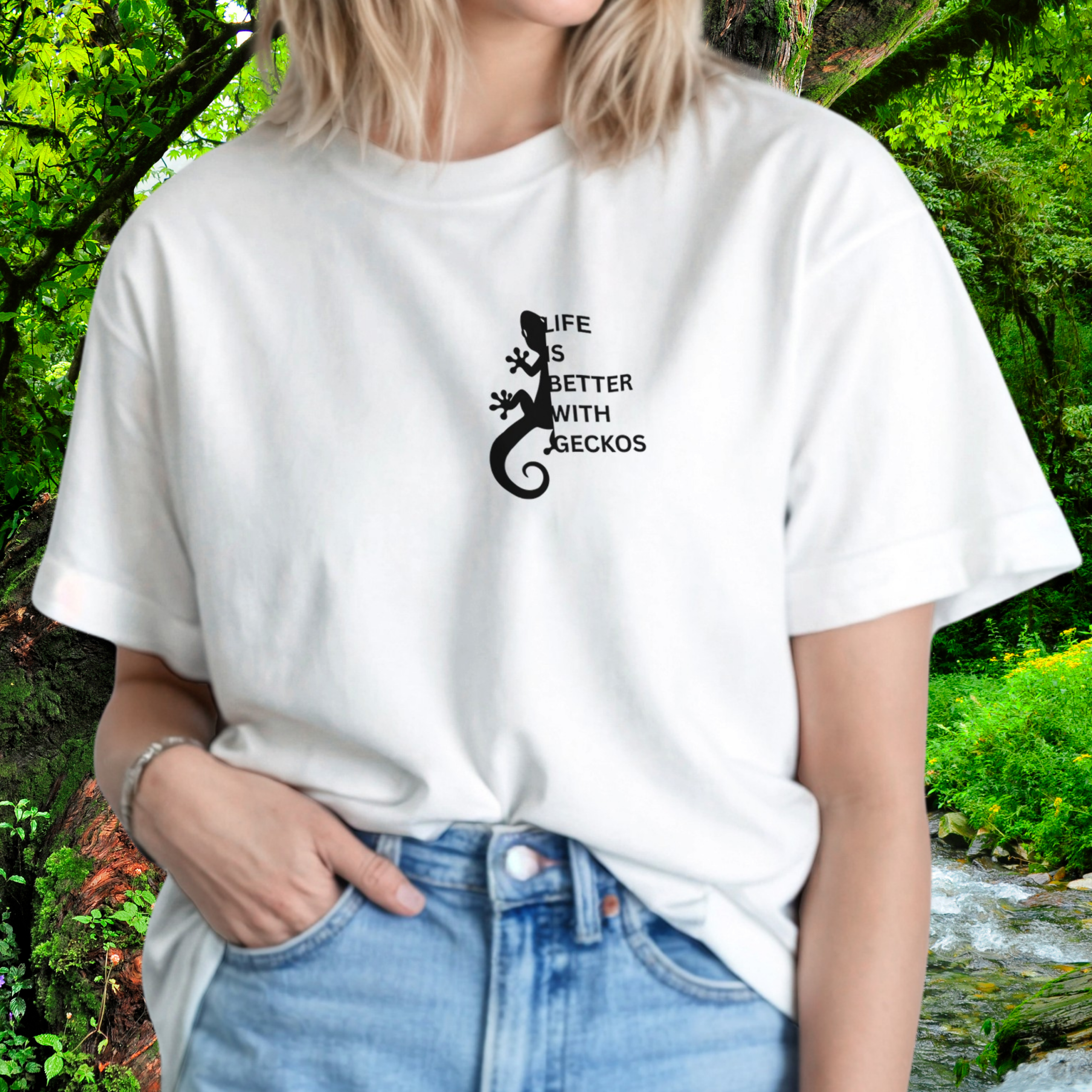 Woman wearing a white Gecko shirt from the Life is better Collection