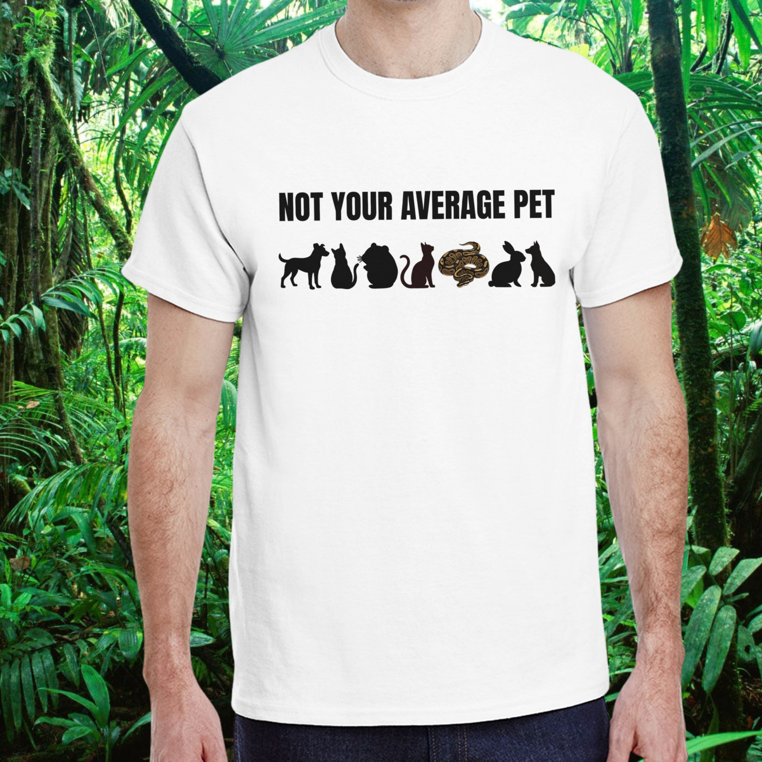 Man wearing a white Not Your Average Pet Ball Python shirt