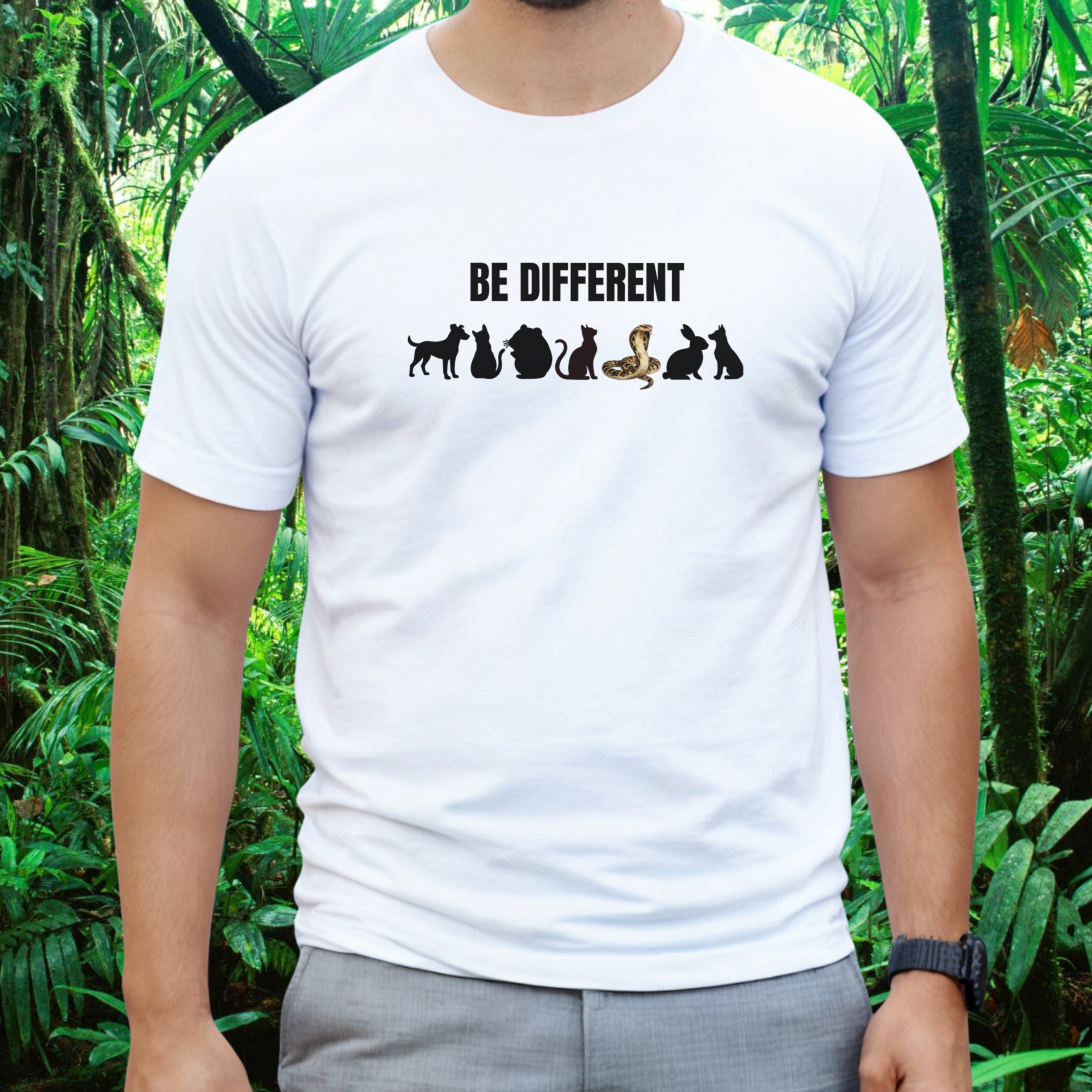 Man wearing a white Be Different Snake shirt
