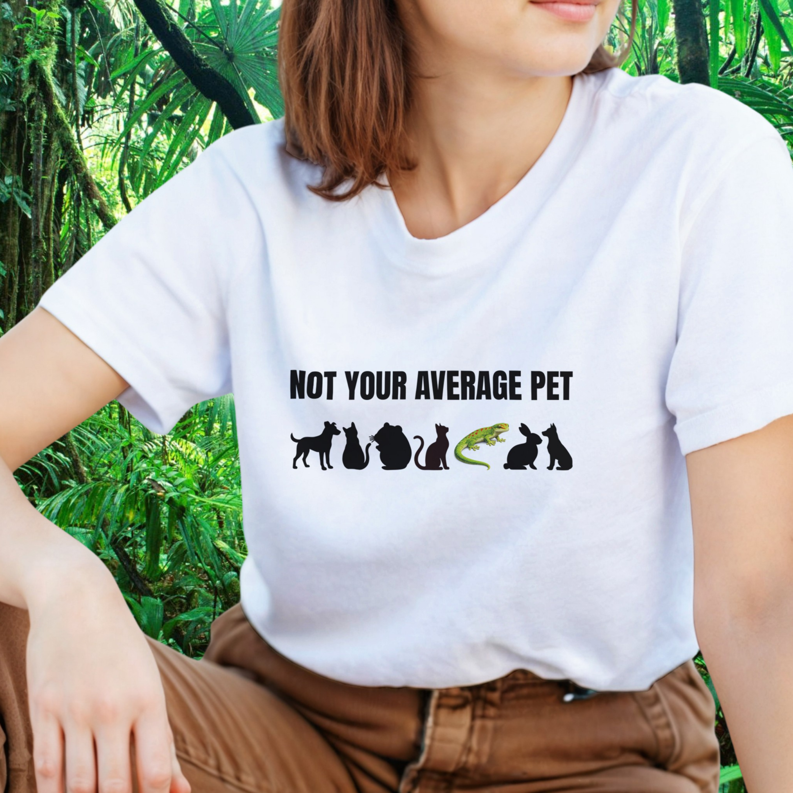 Woman wearing a white Not Your Average Pet Gecko shirt